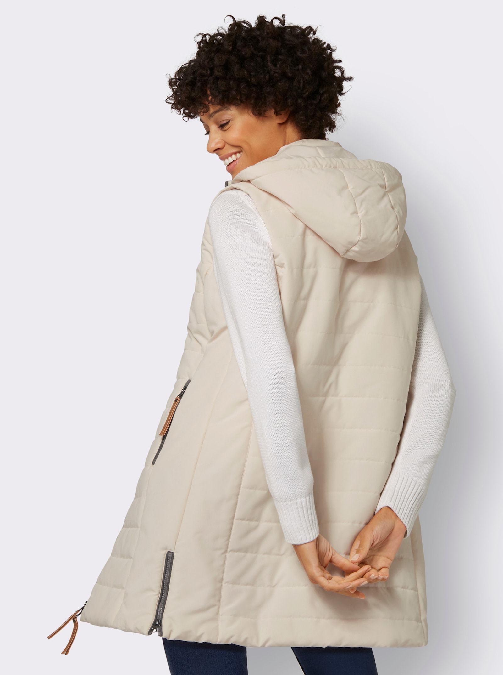 Lange bodywarmer met afneembare capuchon - ivoorkleur