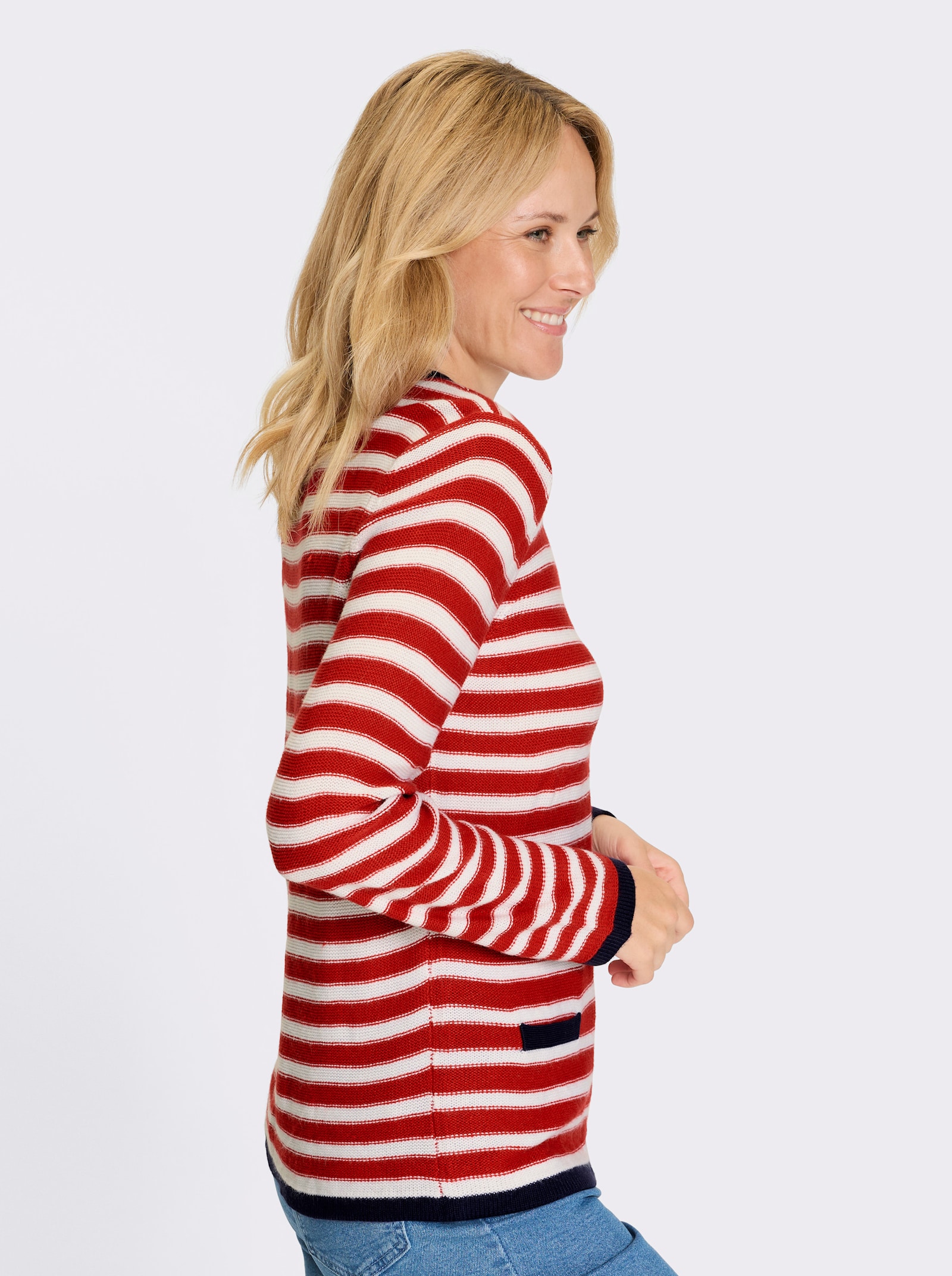 Rundhalspullover mit garngefärbtem Ringel - rot-weiß-geringelt
