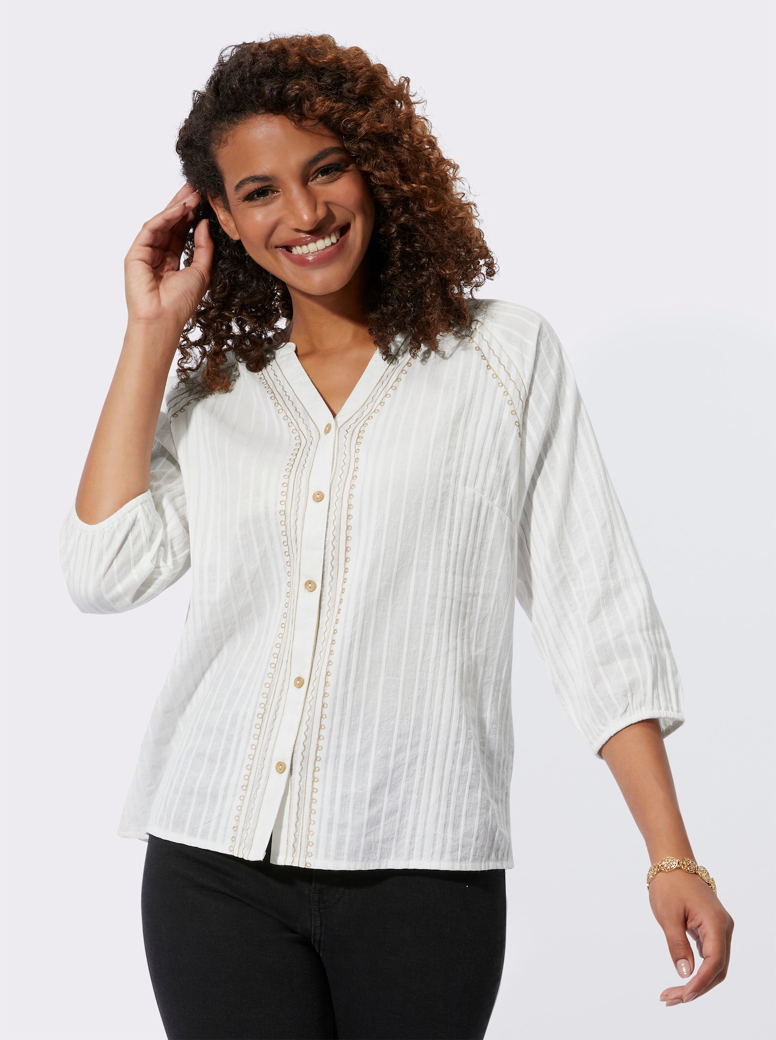  Baumwollbluse mit Kontraststickerei - ecru-sand