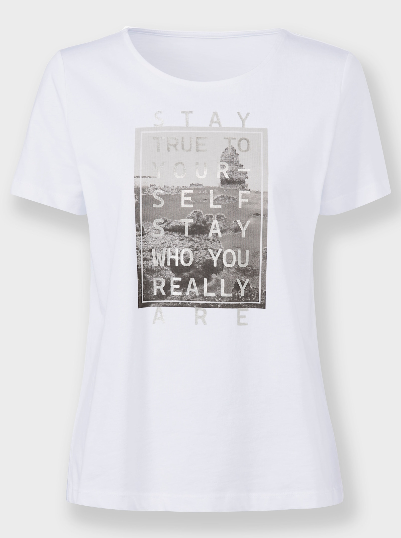 heine Print-Shirt mit Glanz-Schriftzug - weiß-schwarz-bedruckt