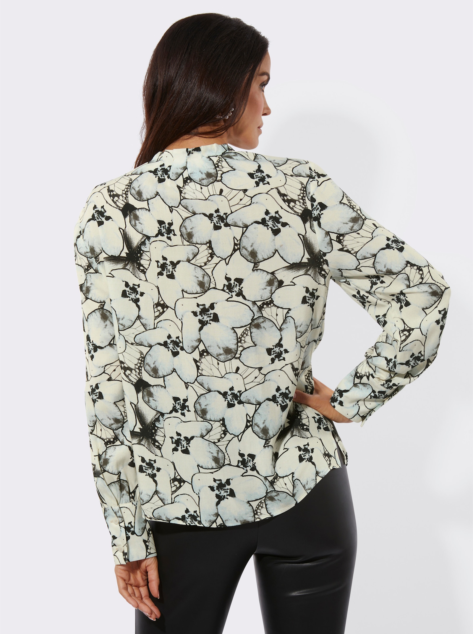 Druckbluse mit geknöpftem Schlitz - champagner-graphit-bedruckt