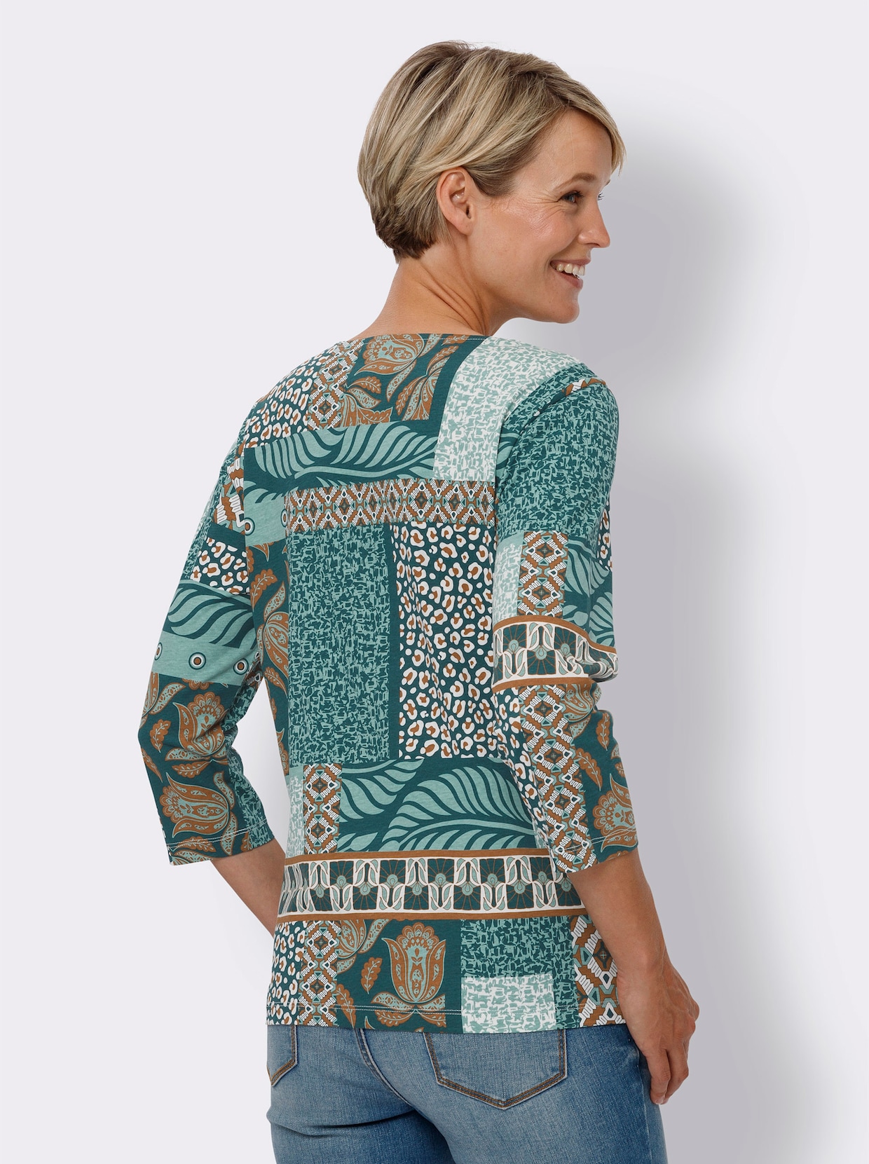 Shirt met 3/4-mouw - salie/ecru bedrukt