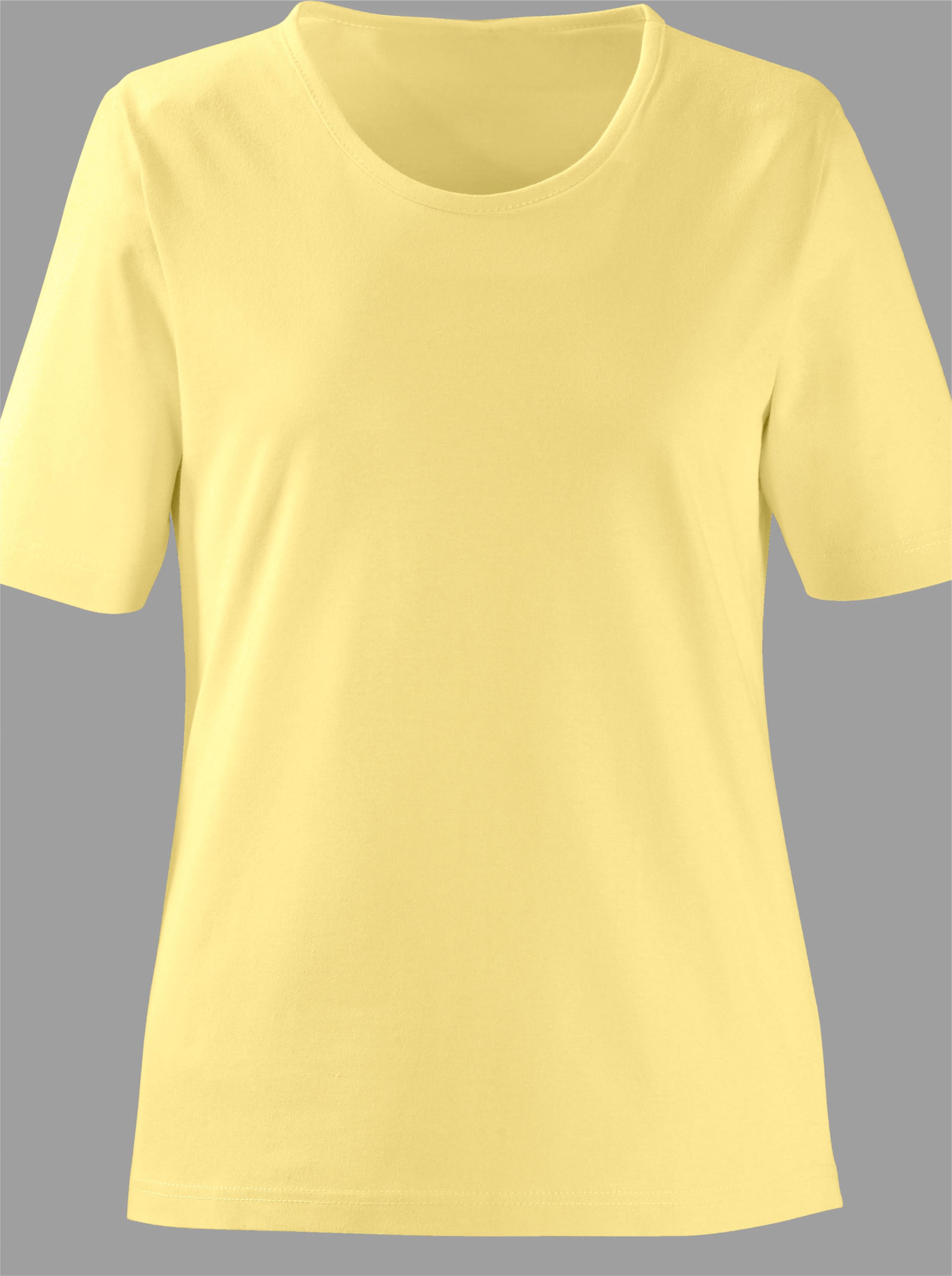 mit Rundhals günstig Kaufen-Rundhalsshirt in gelb von heine. Rundhalsshirt in gelb von heine <![CDATA[Shirt mit Rundhals-Ausschnitt – ein echtes Basic für Ihre Garderobe!]]>. 