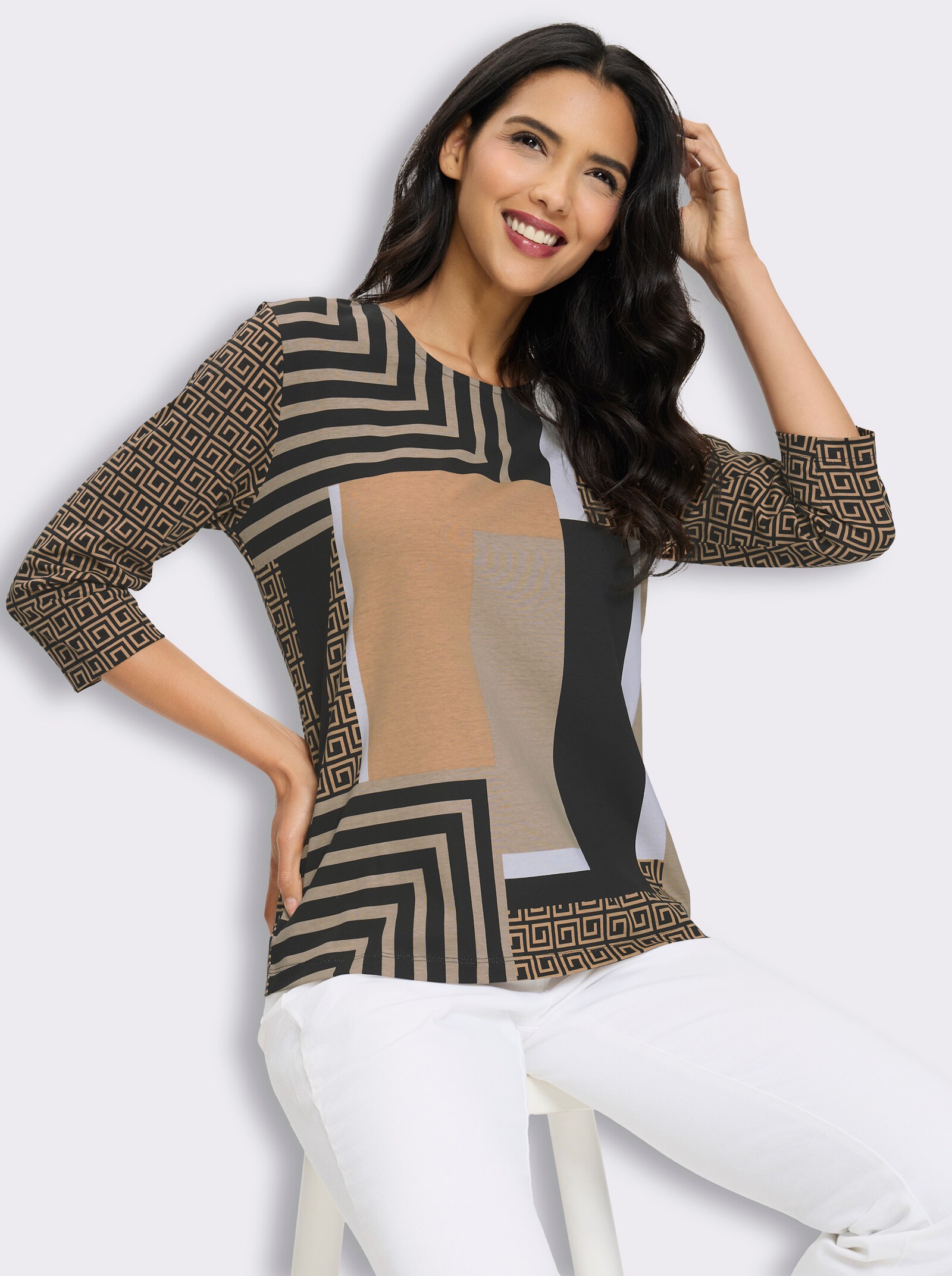 3/4-Arm-Shirt mit verschiedenen Grafik-Prints - camel-schwarz-bedruckt