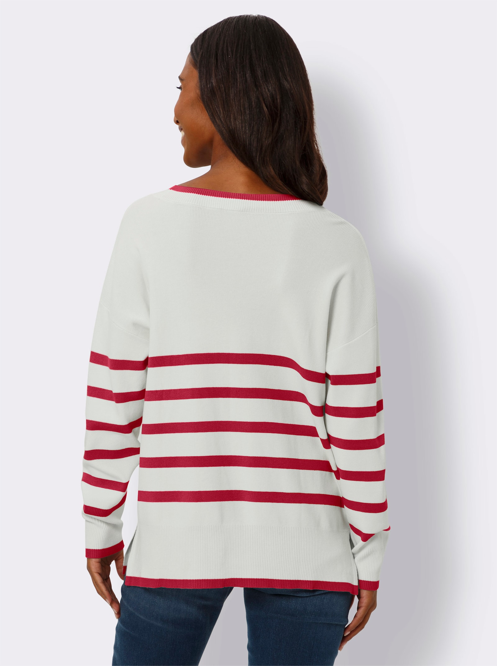 heine Streifenpullover mit V-Ausschnitt - rot-ecru-geringelt