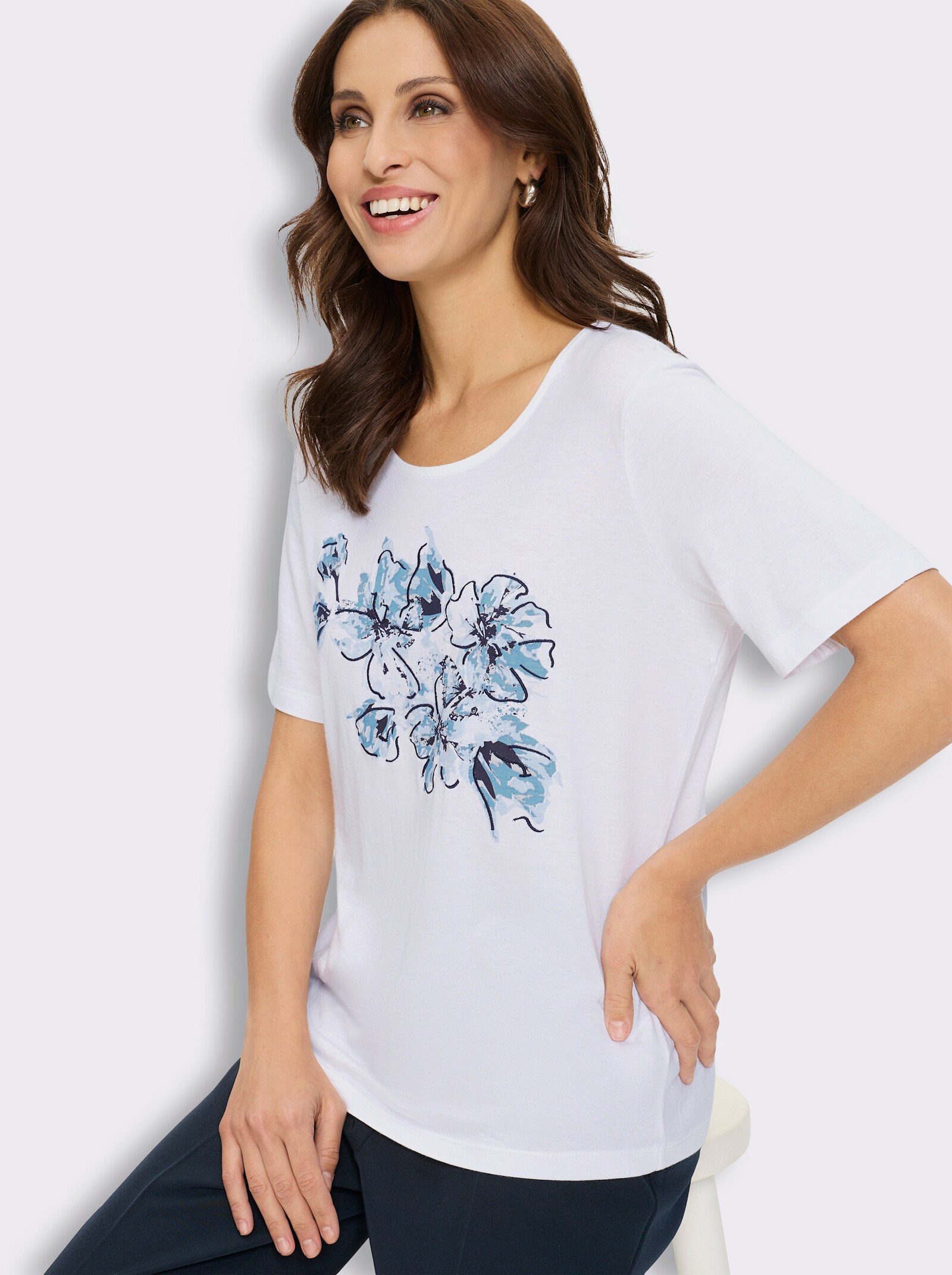 Kurzarmshirt im Modal-Mix - ecru-aqua-bedruckt