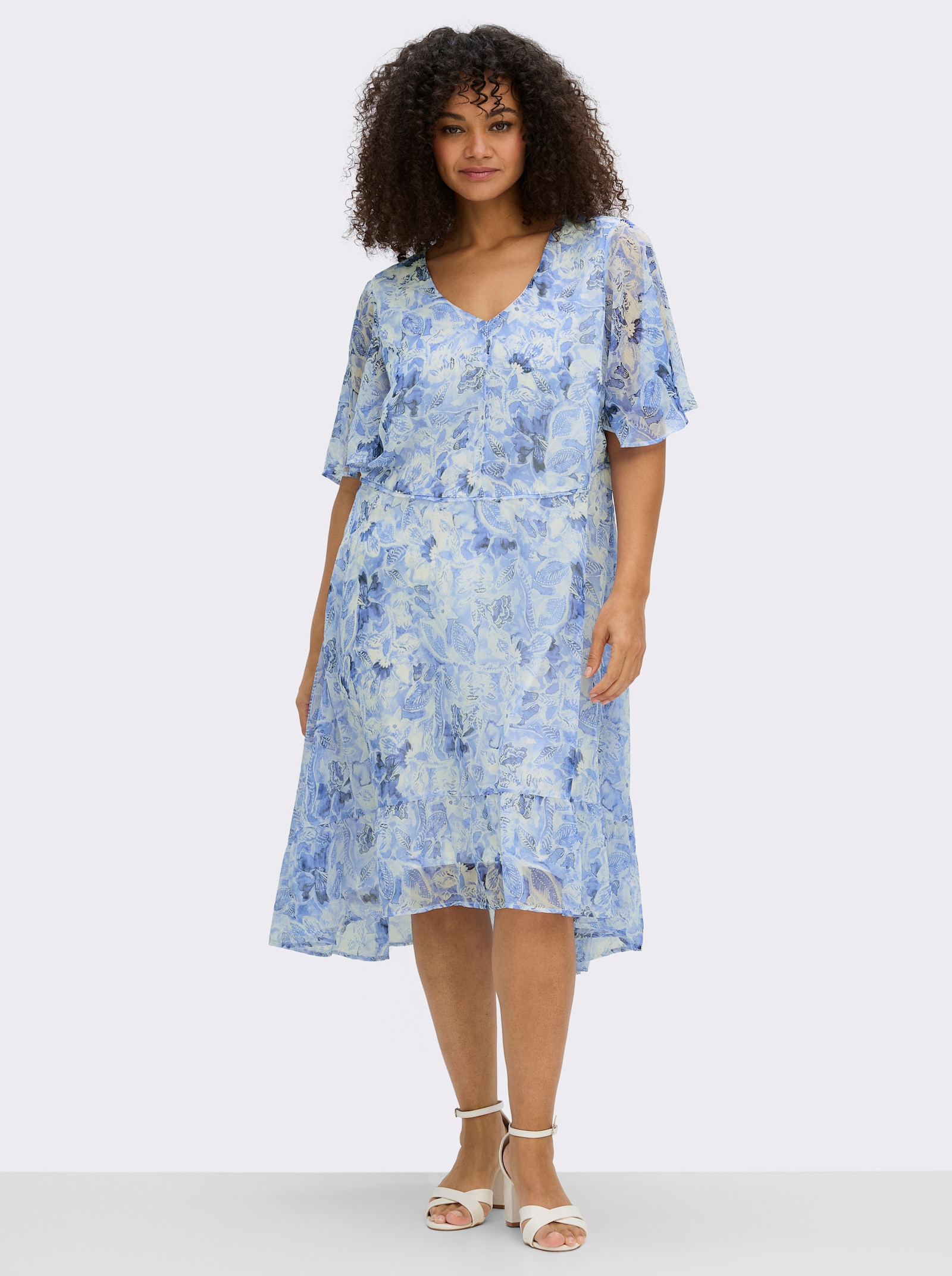 sheego Chiffonkleid mit Volant am Saum - royalblau-weiss-gemustert