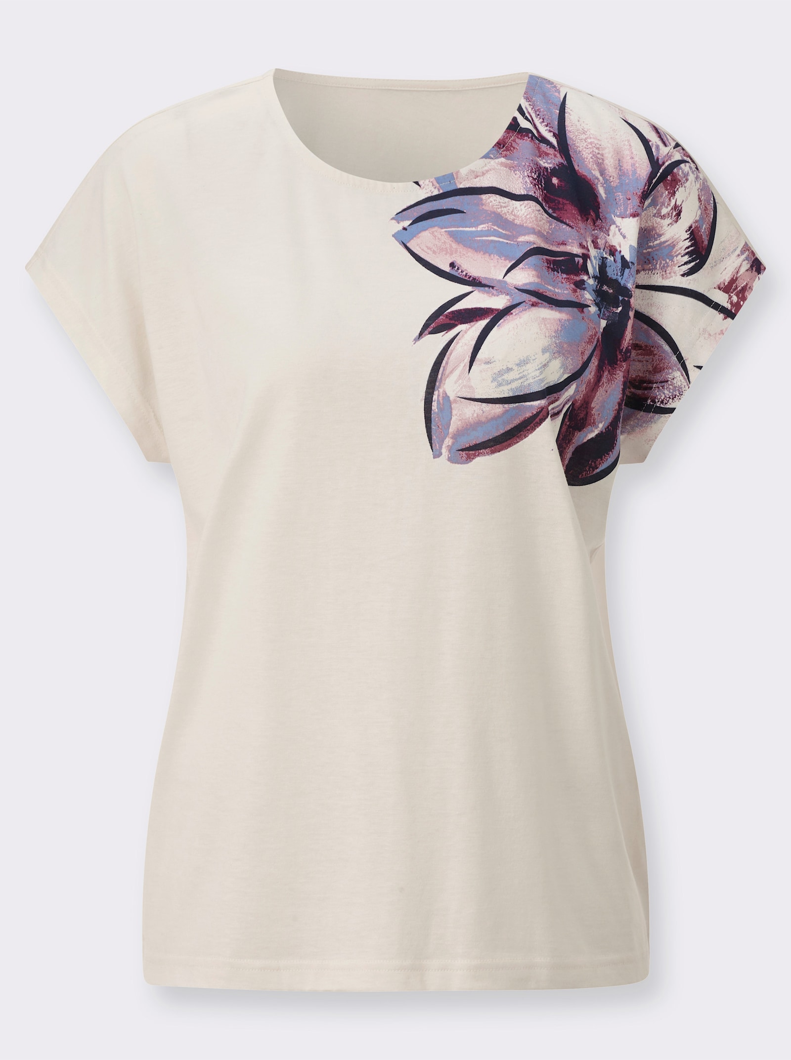 Kurzarmshirt mit platziertem Blütenmuster - champagner-marine-bedruckt