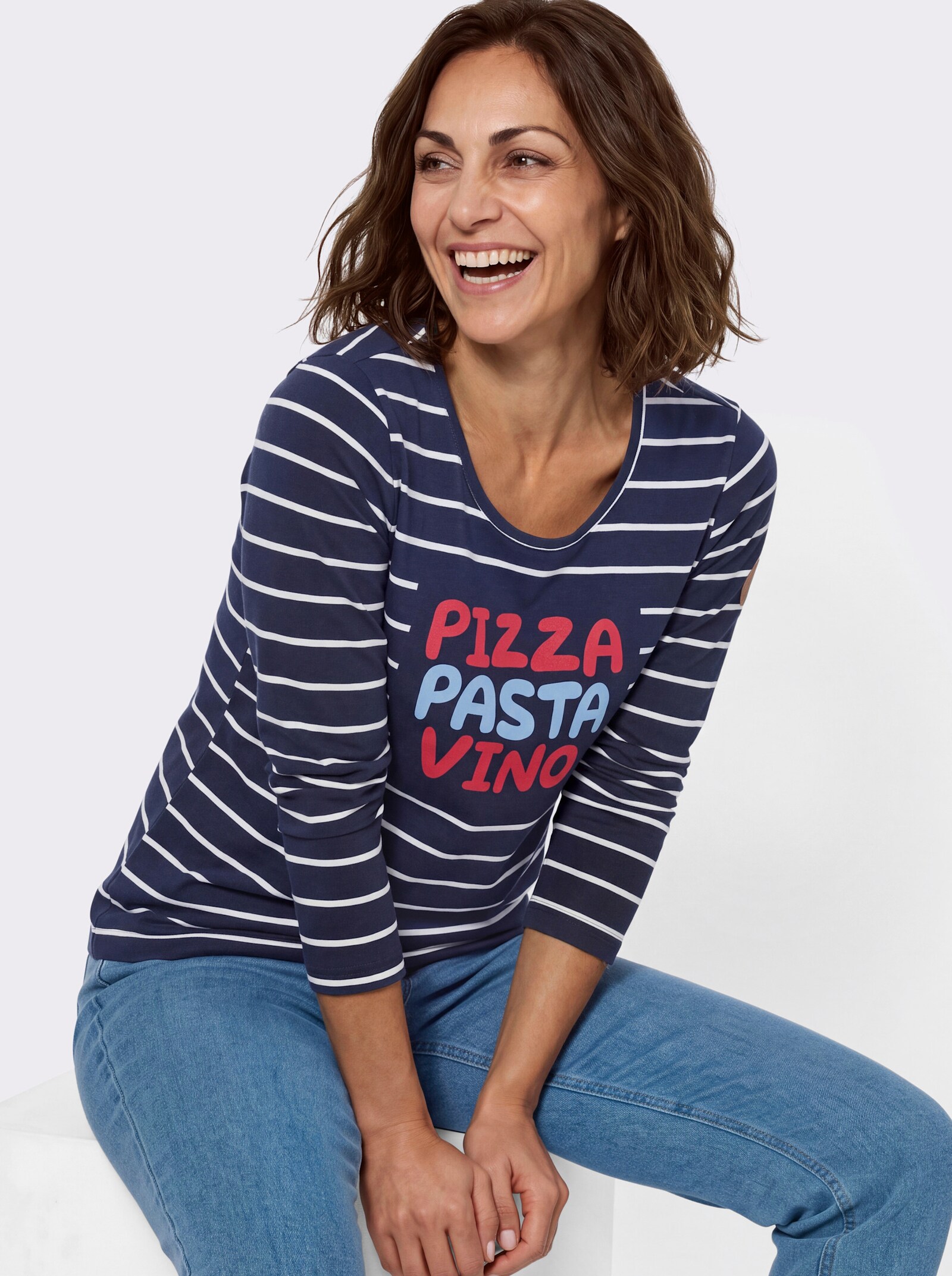 Ringelshirt mit Frontdruck - marine-weiß-geringelt