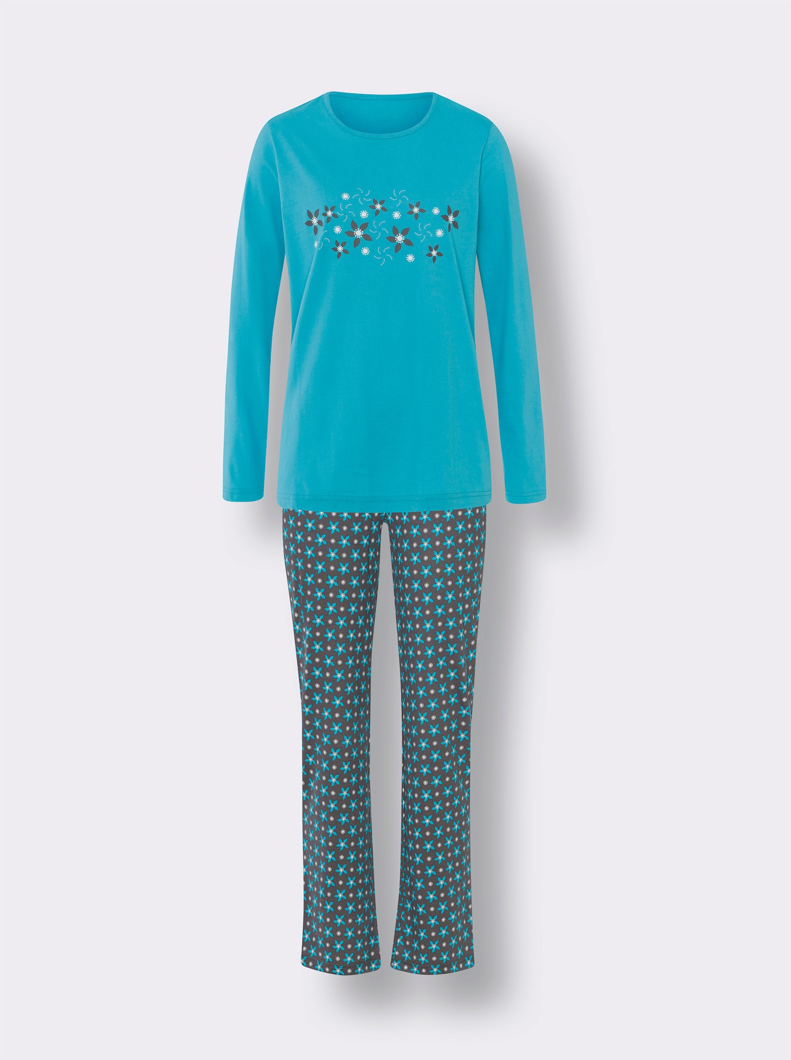 Schlafanzug mit floralem Druck - türkis-anthrazit-bedruckt