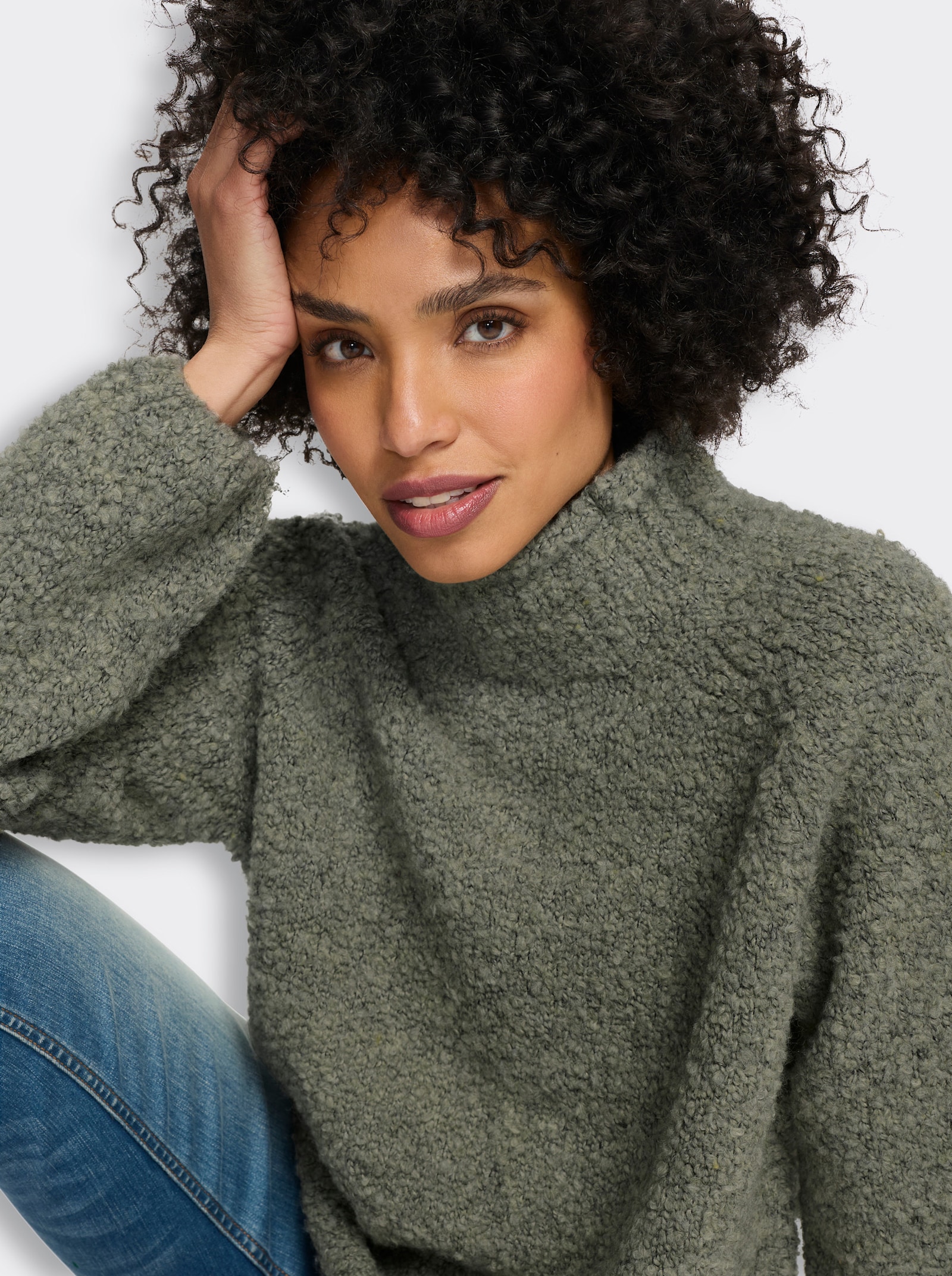 heine Strickpullover in Bouclé-Strick - khaki-schilf-meliert