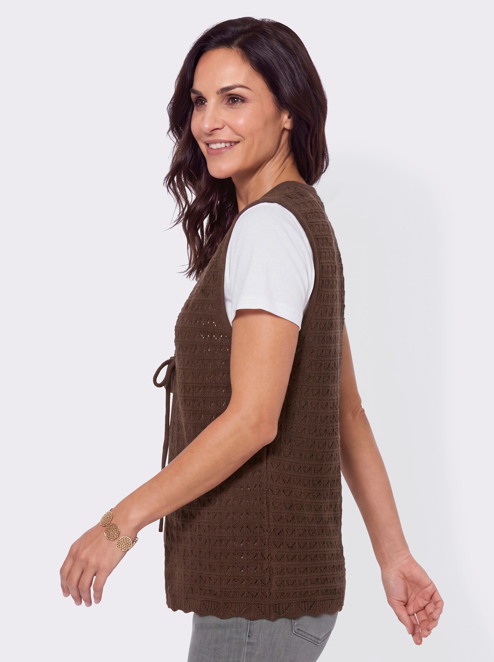 Strickweste mit Ajourmuster rundum - schoko