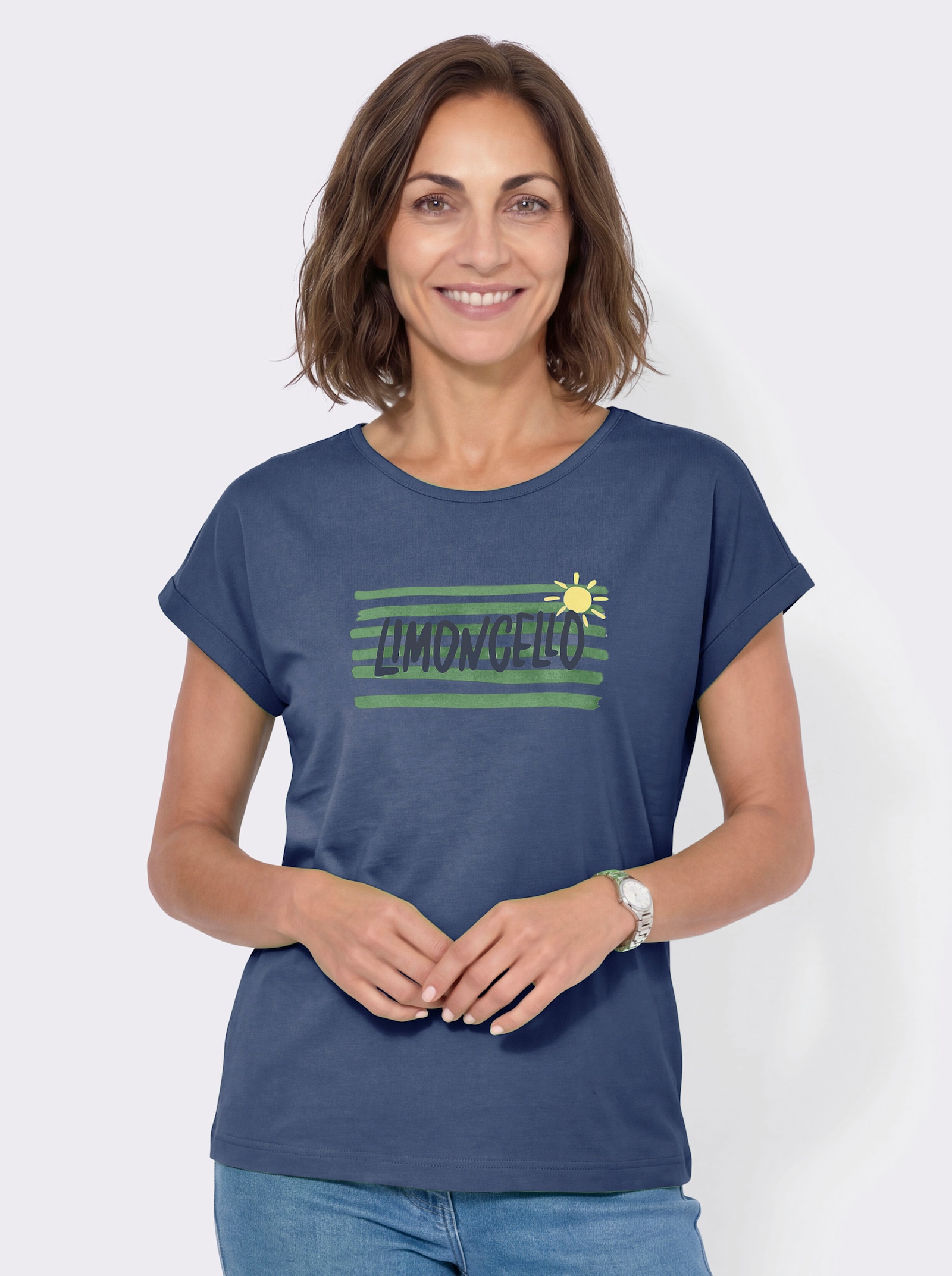 Rundhalsshirt mit platziertem Druck - jeansblau-apfel