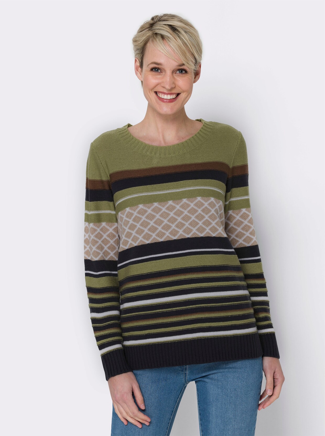 Pullover met lange mouwen - rietgroen/marine gestreept