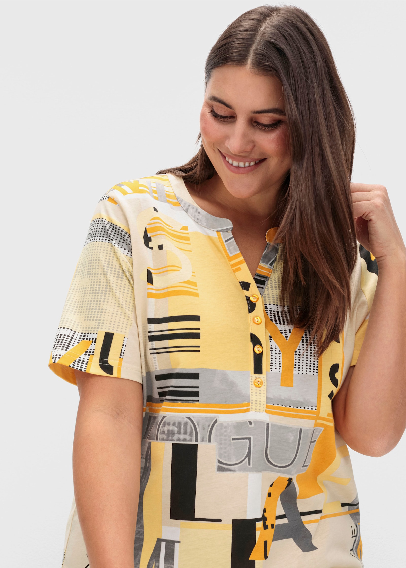 Kurzarmshirt im Baumwoll-Modal-Mix - ocker-sand-bedruckt