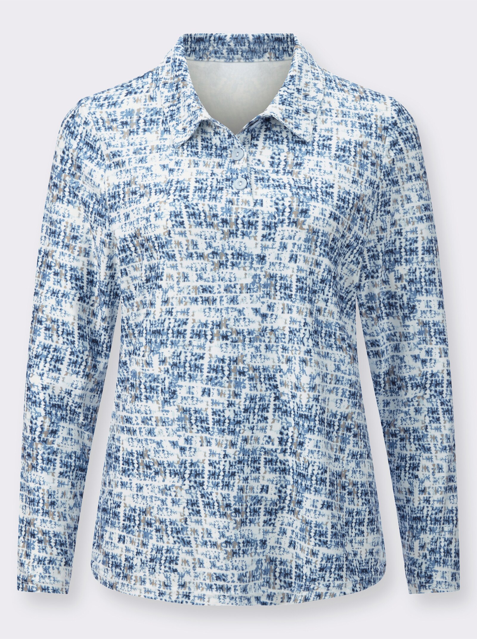 Poloshirt van licht opgeruwd wintermateriaal - ecru/middenblauw bedrukt