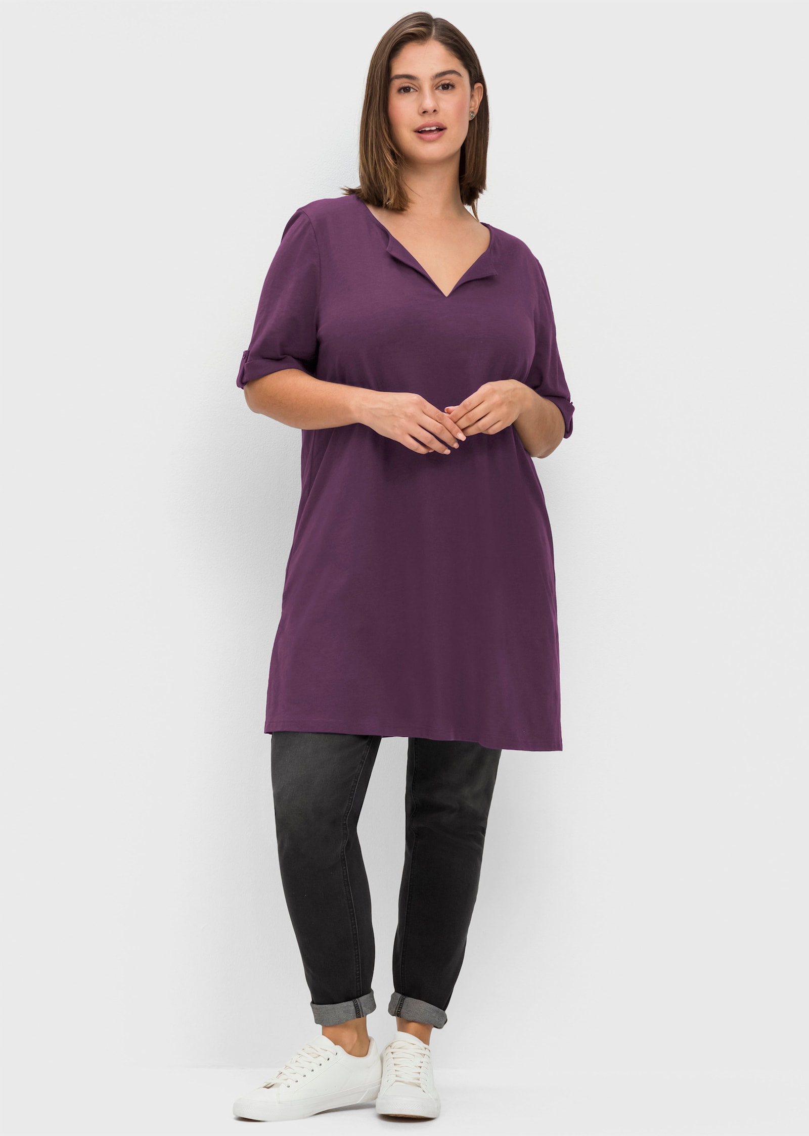 sheego Lang shirt met hals met split - druif