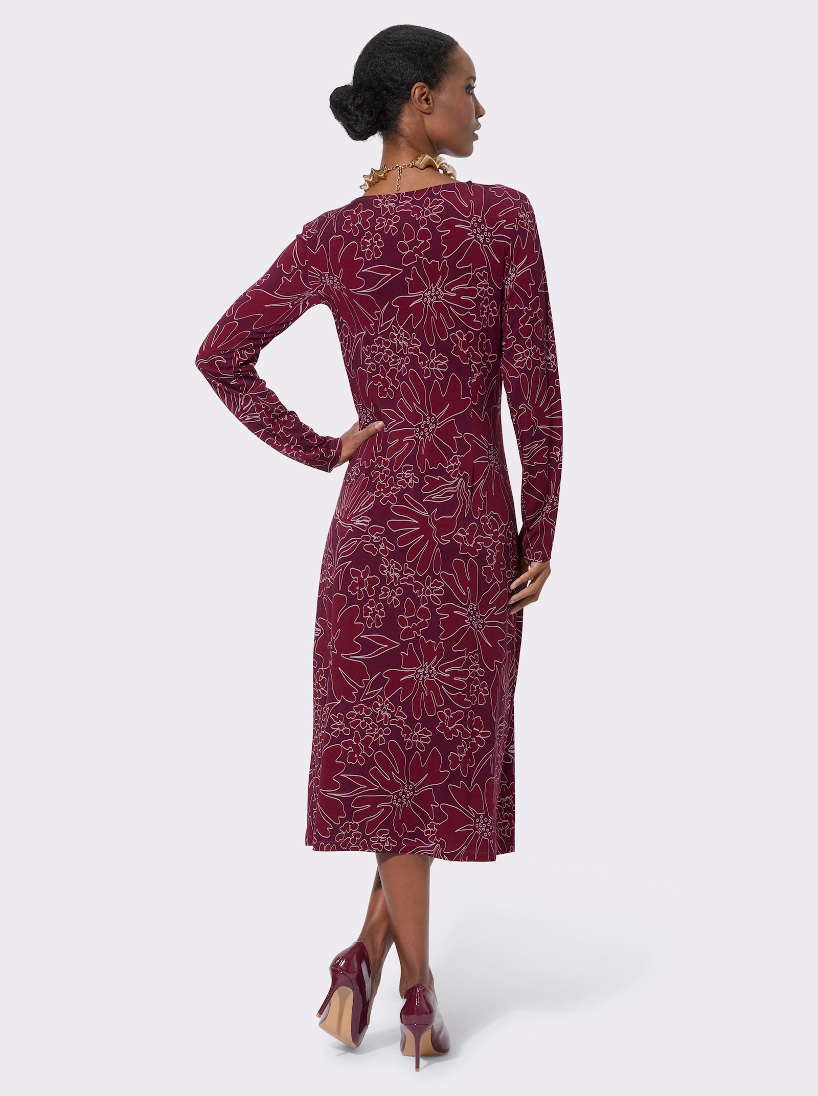 Jerseykleid in Wickeloptik - burgund-bordeaux-bedruckt
