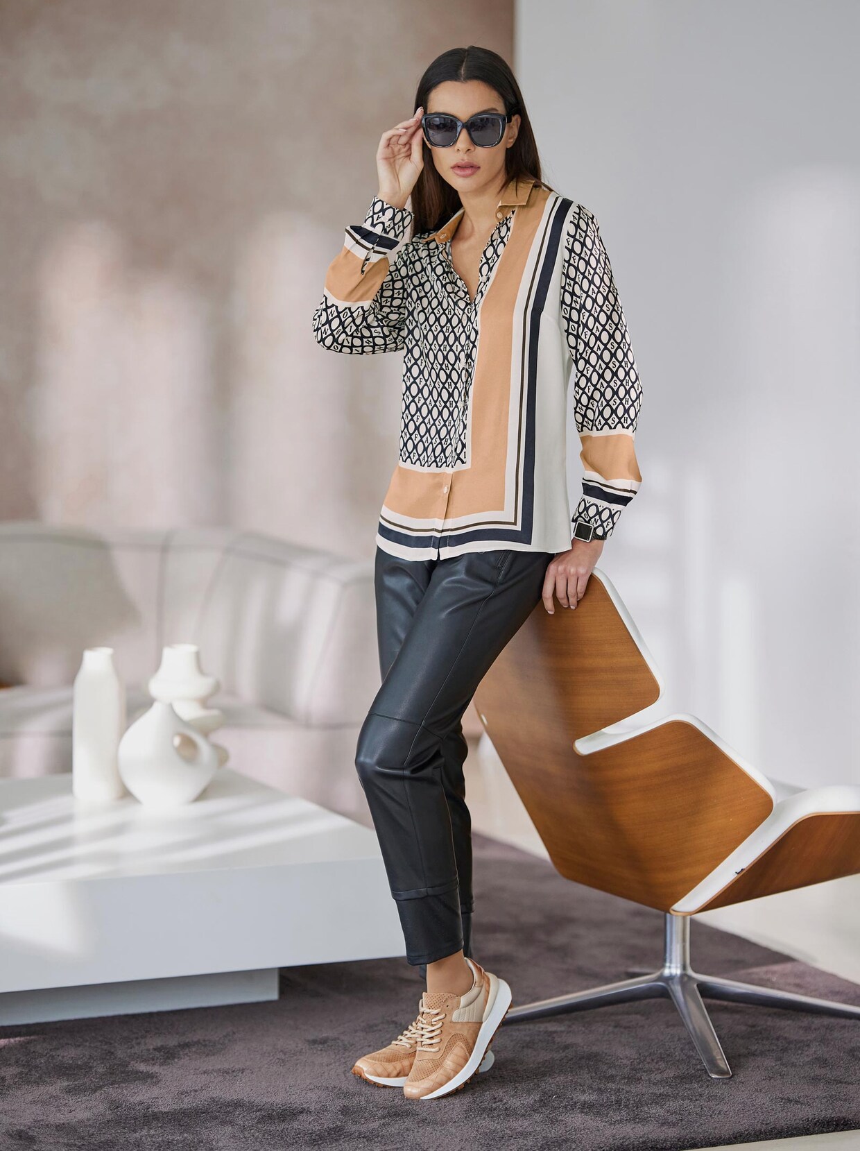 Rick Cardona Druckbluse - schwarz-camel-bedruckt