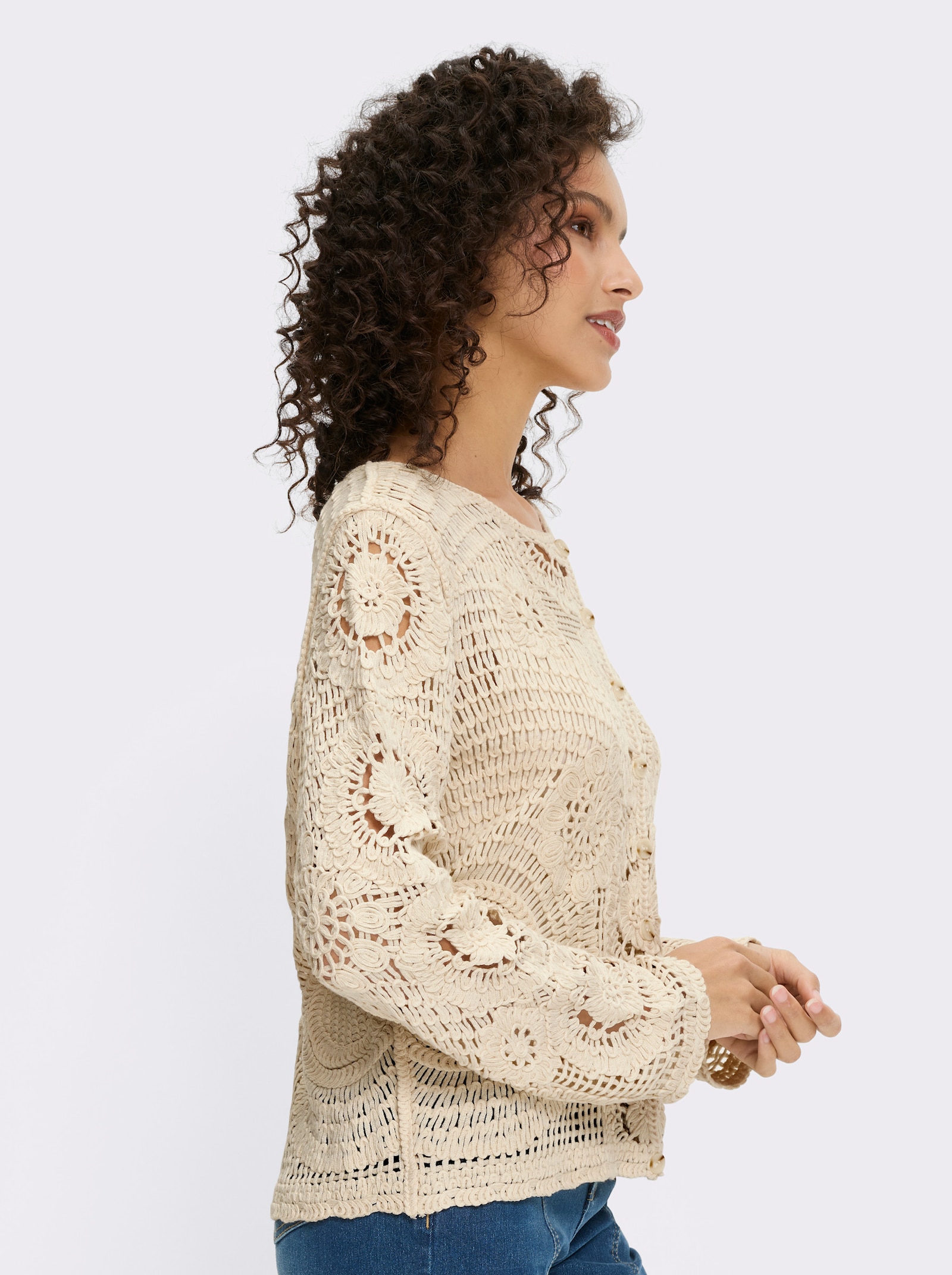 heine Ajourstrickjacke in Häkel-Optik - champagner