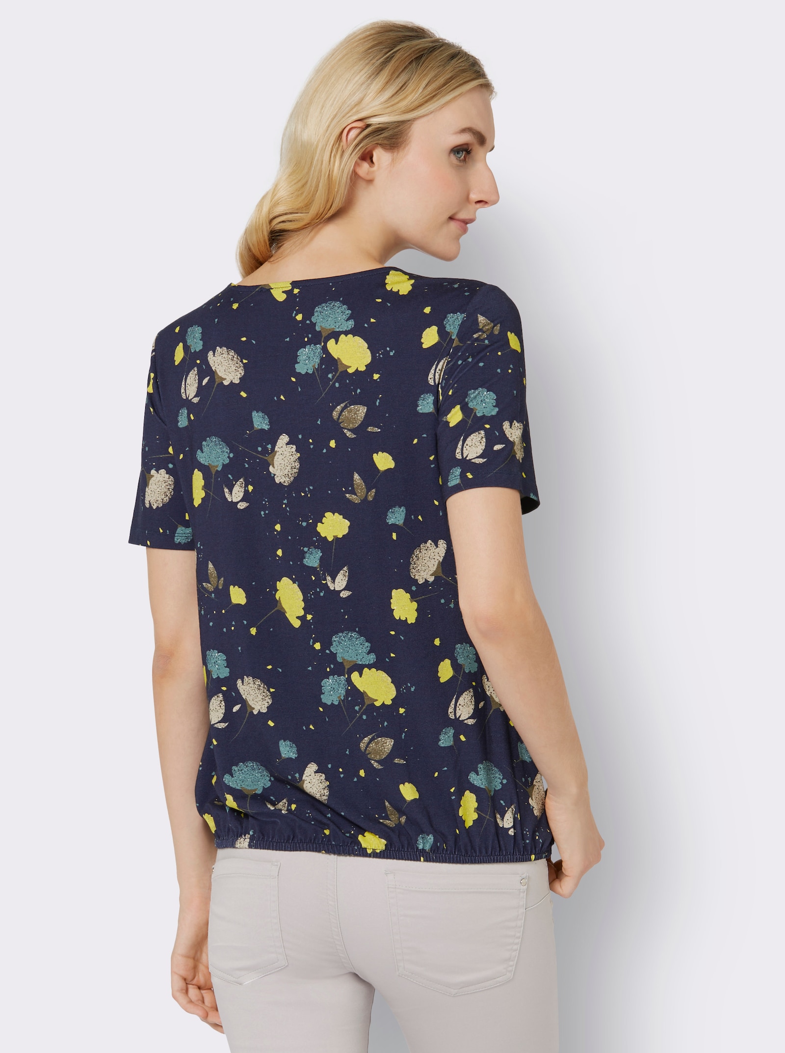 Rundhalsshirt mit elastischem Saum - nachtblau-limone-bedruckt