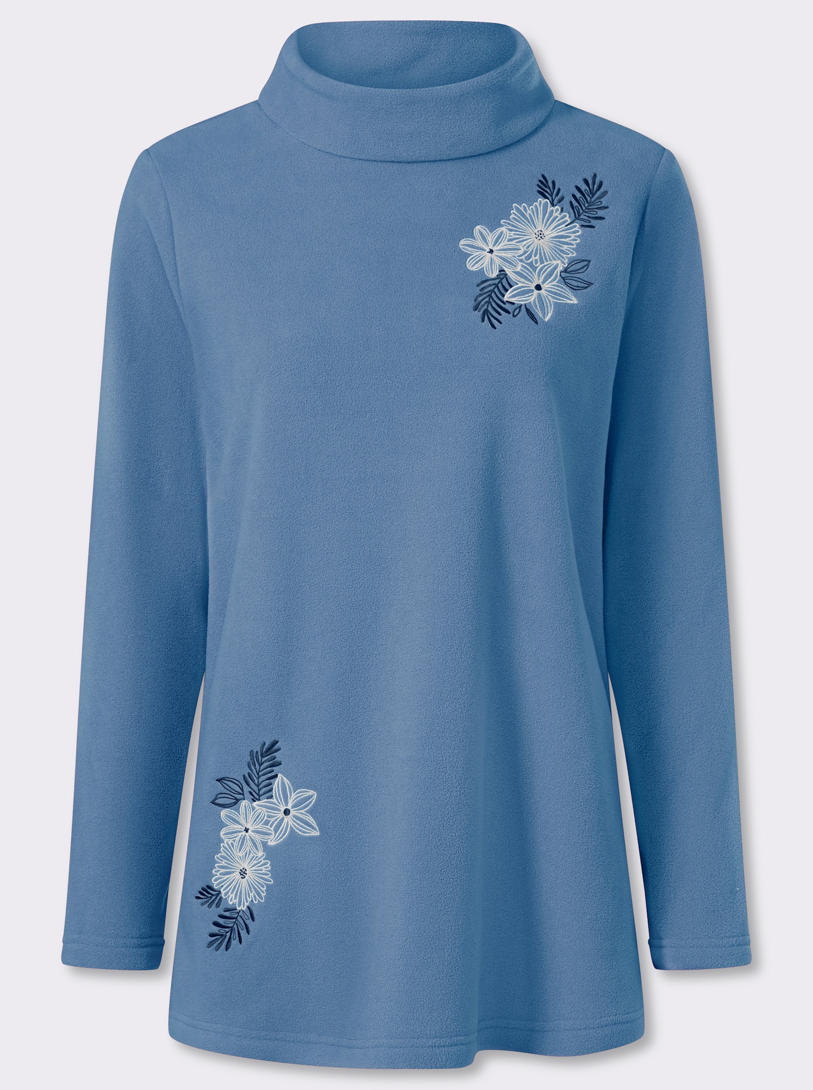 Fleeceshirt in Longform mit Stehkragen - mittelblau