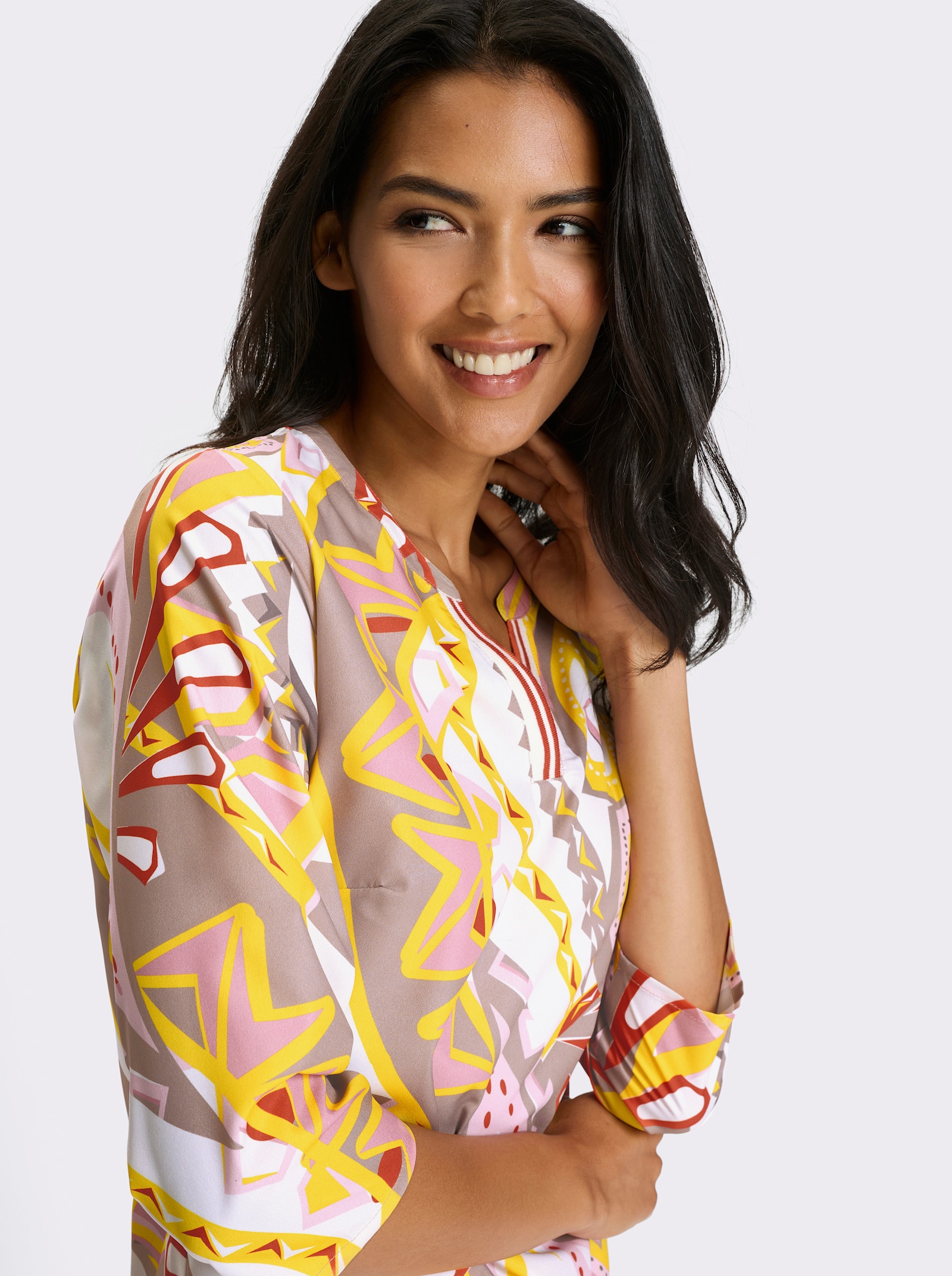 Longbluse mit gestreiftem Ripsband - sonnengelb-ecru-bedruckt