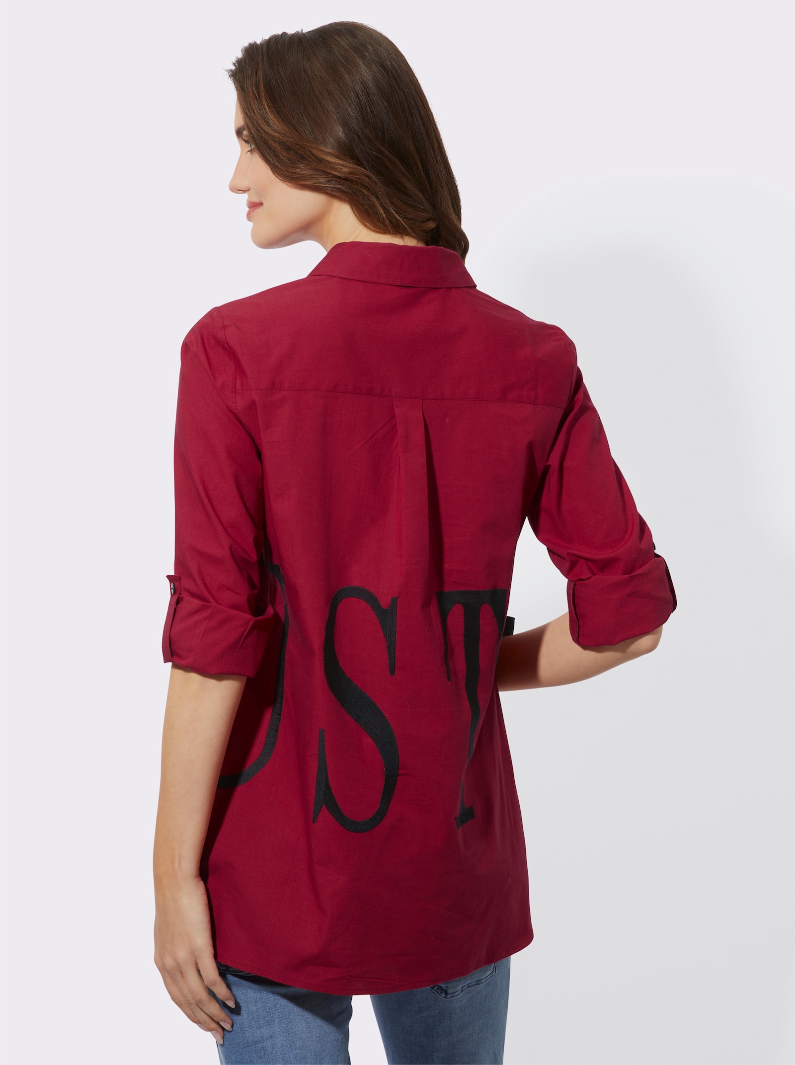 Longbluse mit Stickerei-Schriftzug - kirsche-schwarz