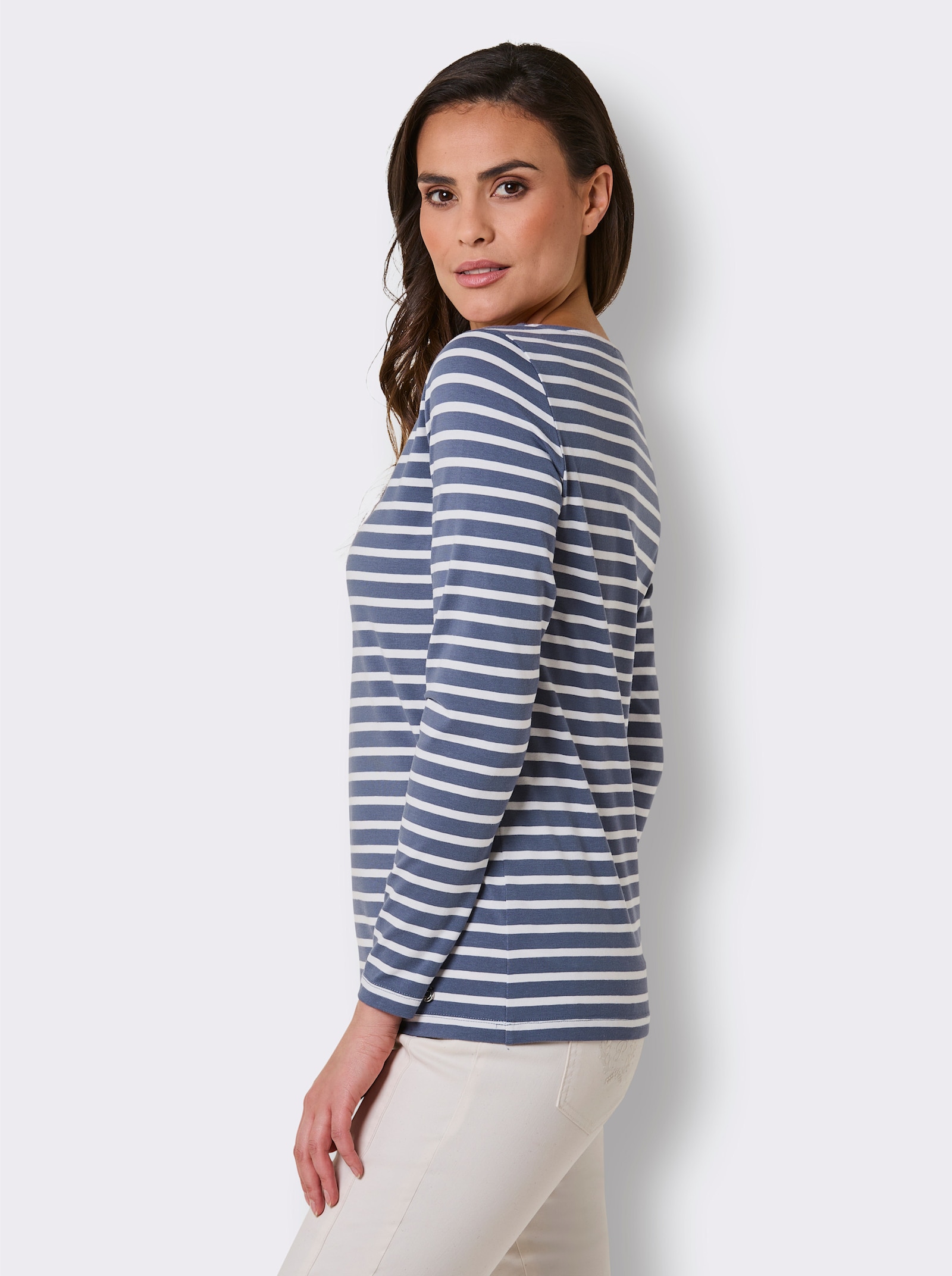 CREATION L PREMIUM Ringelshirt mit Strass-Steinchen - rauchblau-weiß-geringelt