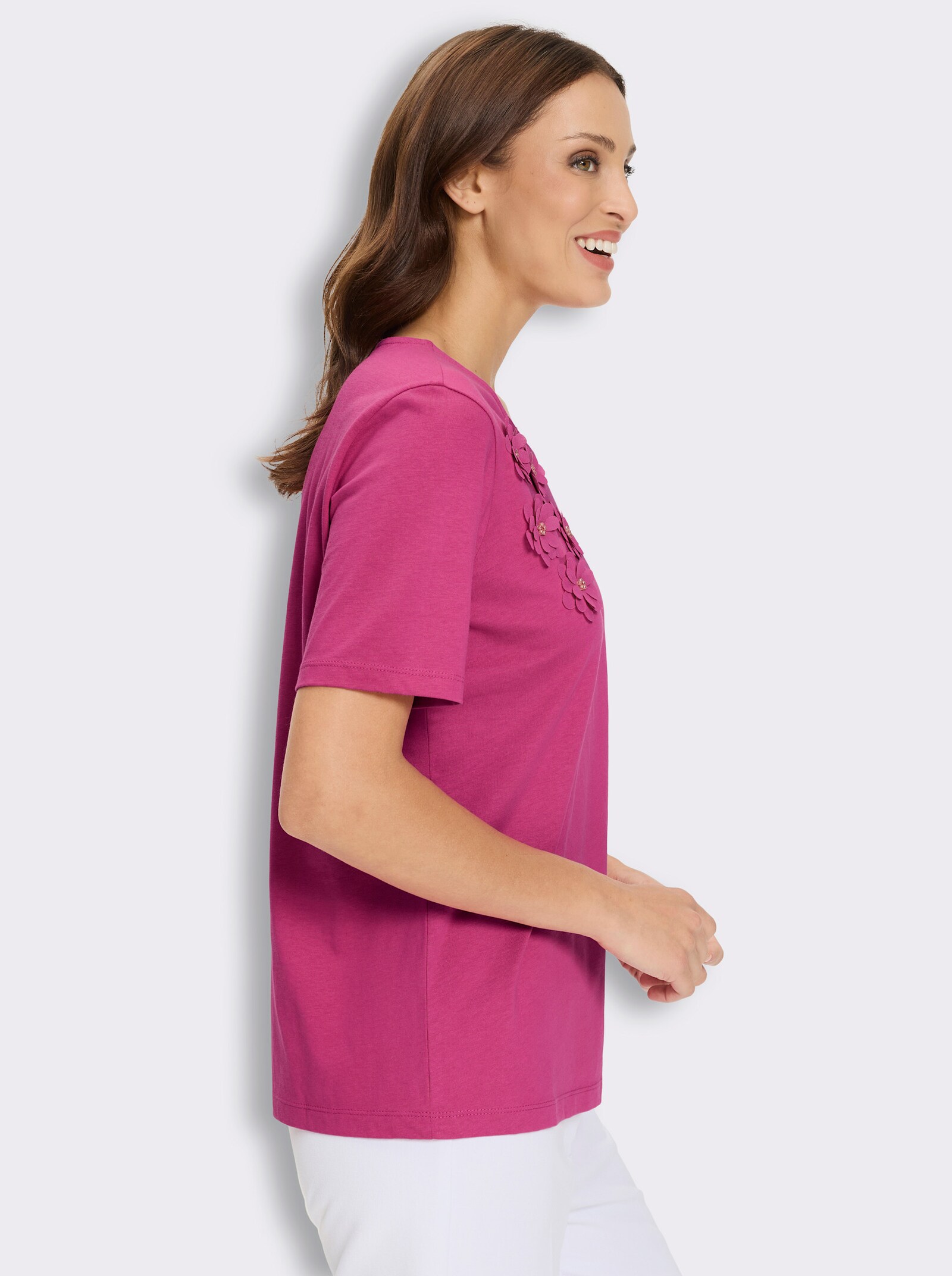 Kurzarmshirt mit Blüten-Applikation - fuchsia
