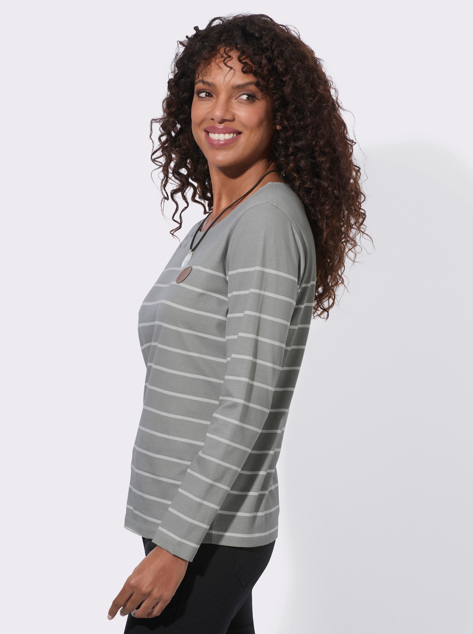 Ringelshirt aus reiner Baumwolle - steingrau-ecru