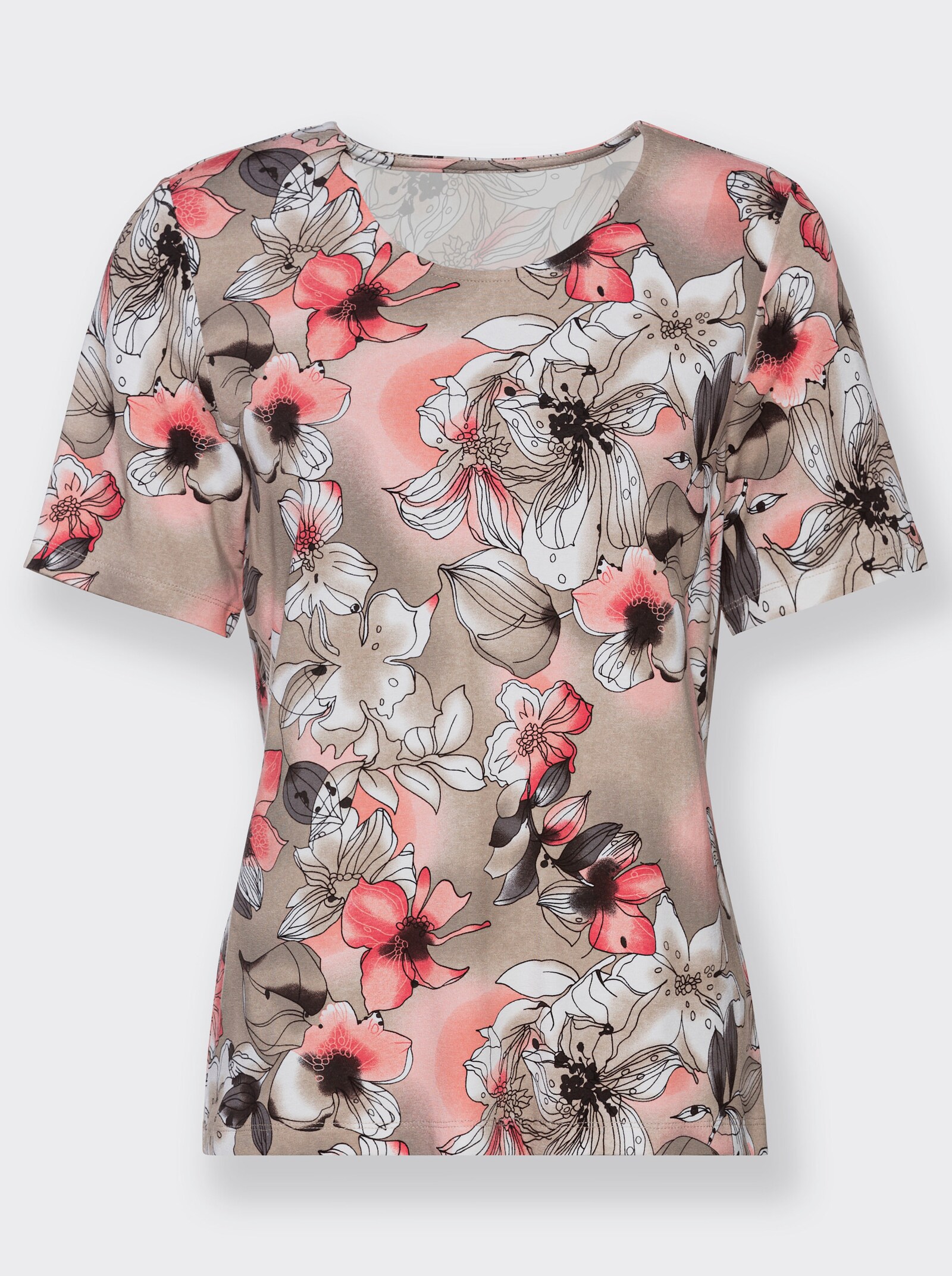 Kurzarmshirt in Viskose-Qualität - grapefruit-taupe-bedruckt