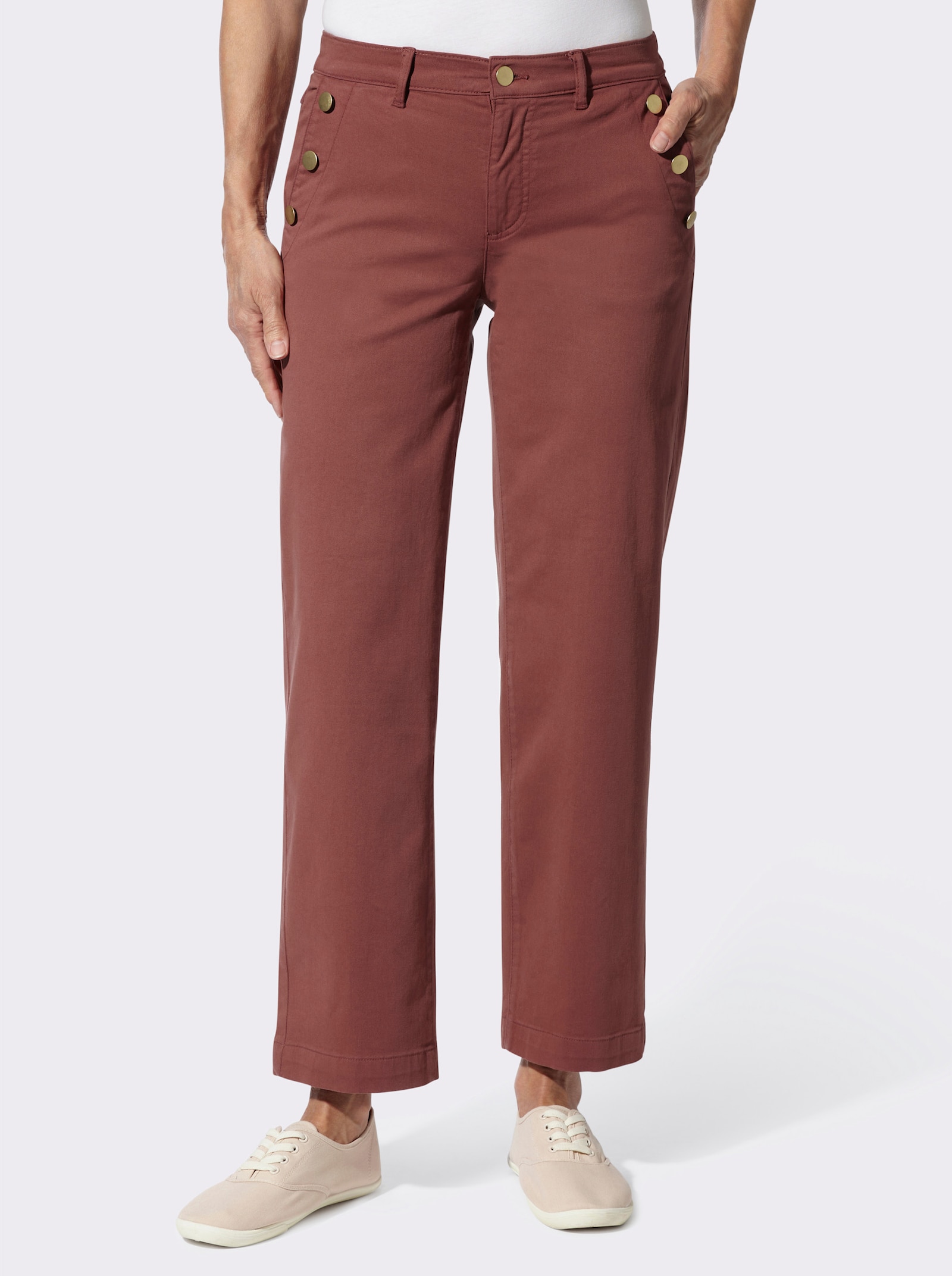 Stretch-Hose mit goldfarbenen Schmuckknöpfen - rotbraun