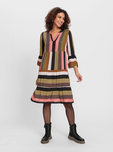 Webkleid in Patch-Optik - schwarz-grapefruit-gemustert