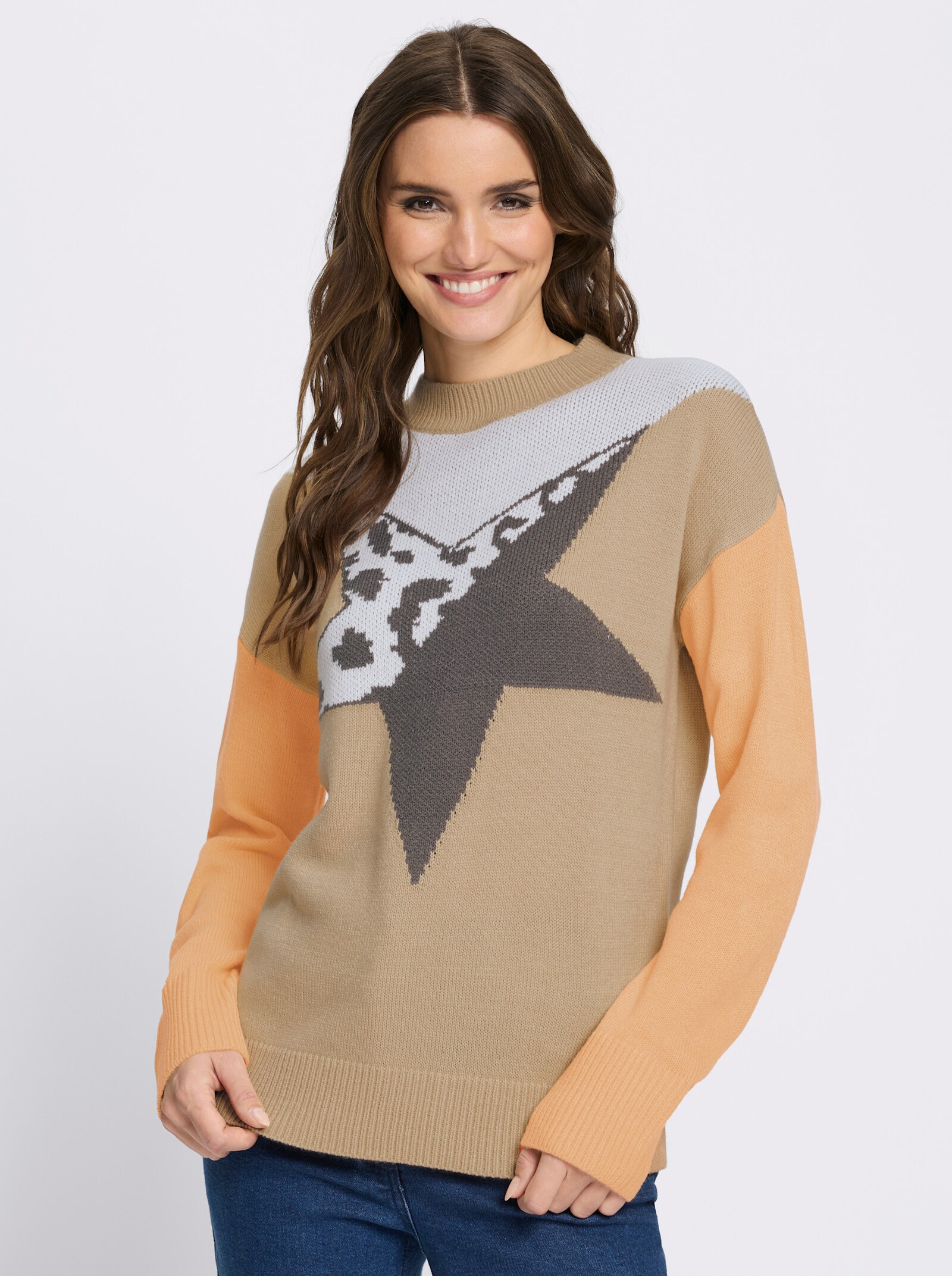 Stehkragenpullover mit überschnittenen Schultern - beige-anthrazit-gemustert
