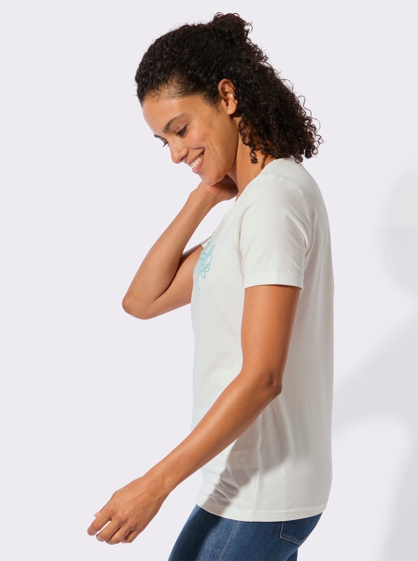 Kurzarmshirt mit Kurbel-Stickerei - ecru-mint