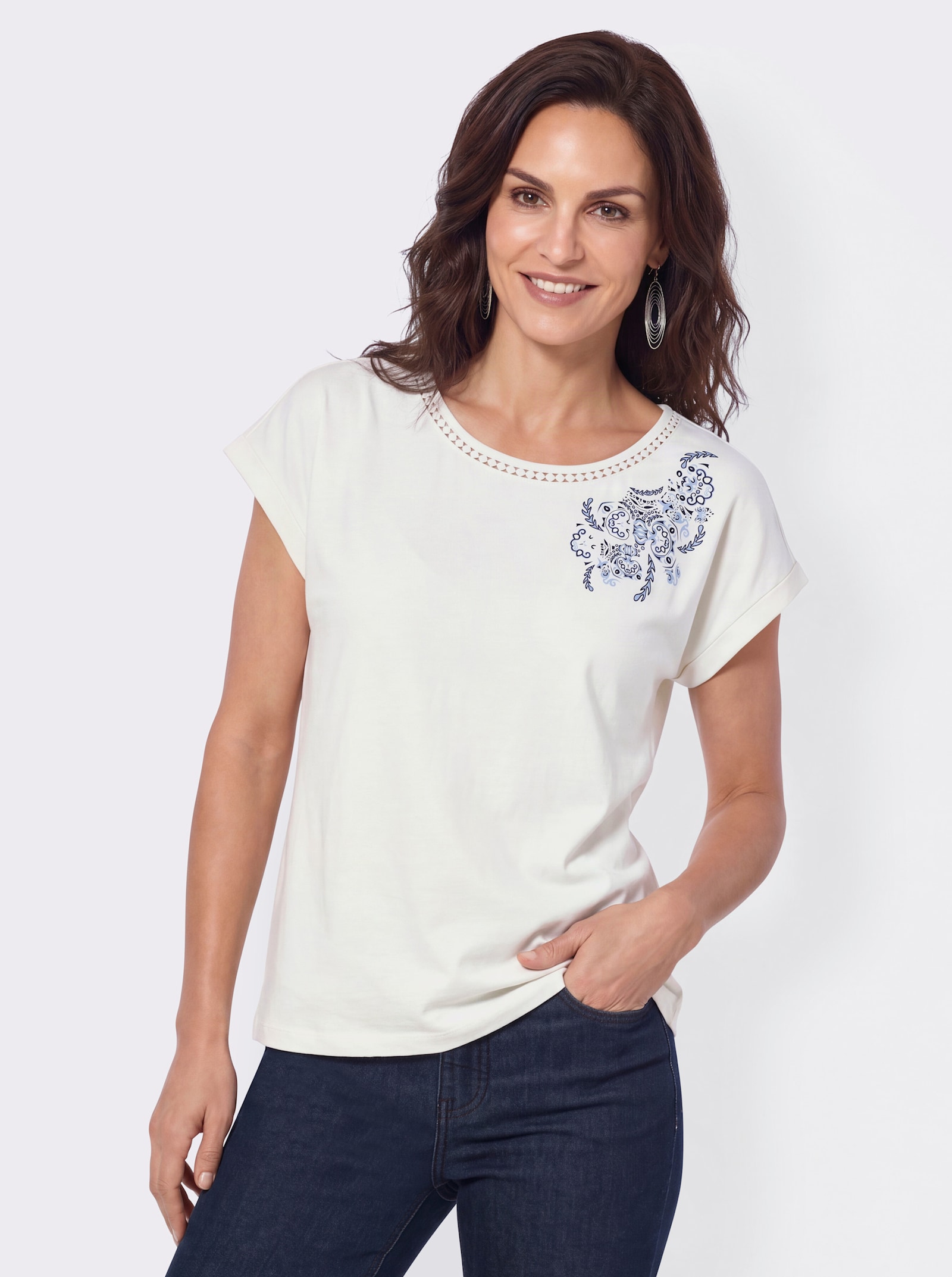 Rundhalsshirt mit Spitzenborte am Ausschnitt - ecru-bedruckt
