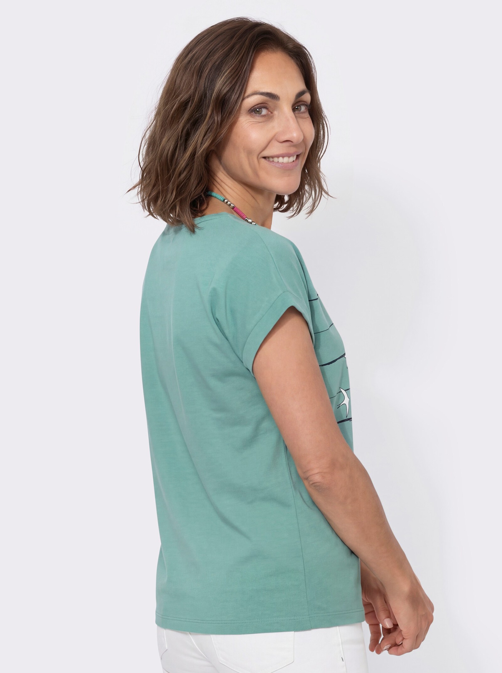 Print-Shirt mit überschnittenen Schultern - salbei-marine-bedruckt