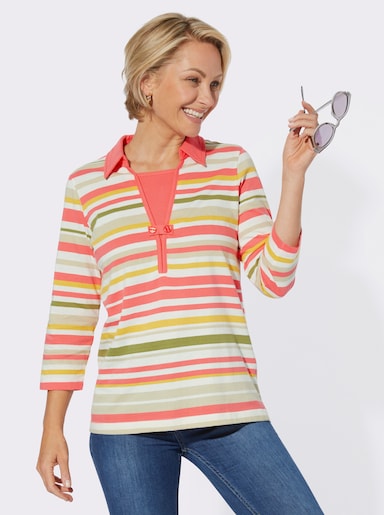 3/4-Arm-Shirt mit Einsatz am Ausschnitt - sand-koralle-geringelt
