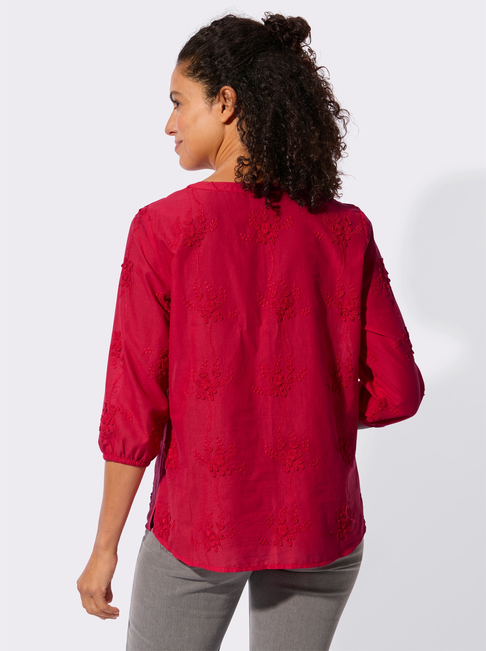 Baumwollbluse mit 3D-Blütenstickerei - erdbeere