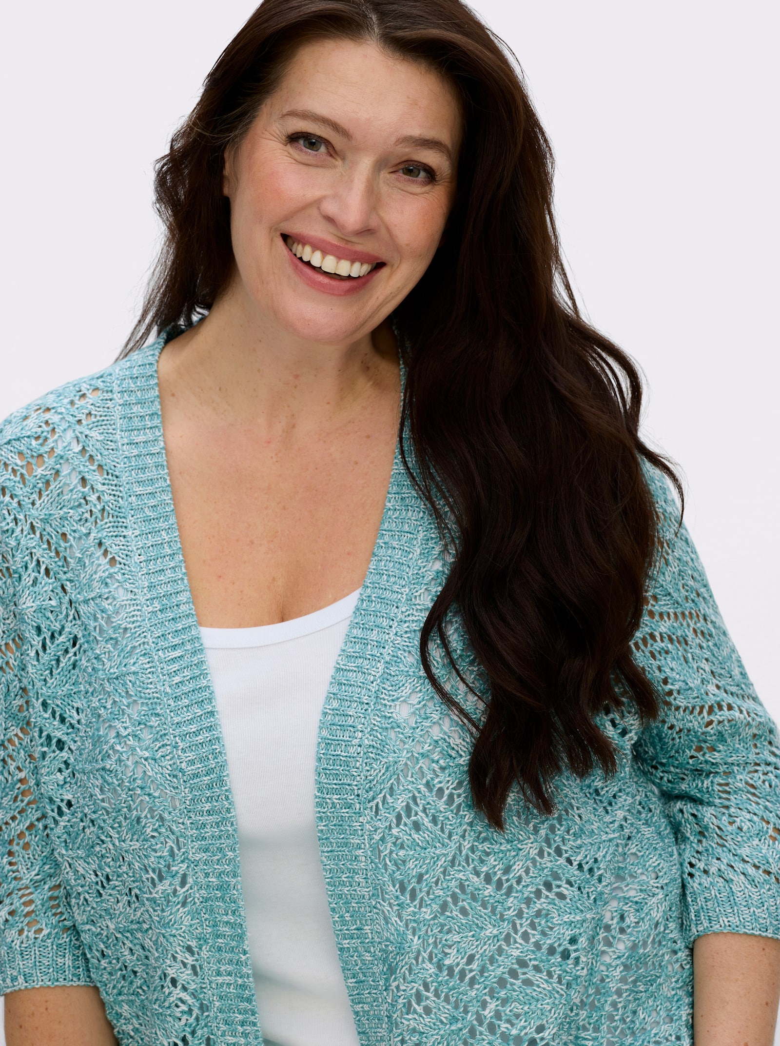 Ajourstrickjacke mit Fledermaus-Ärmeln - ozean-ecru-meliert