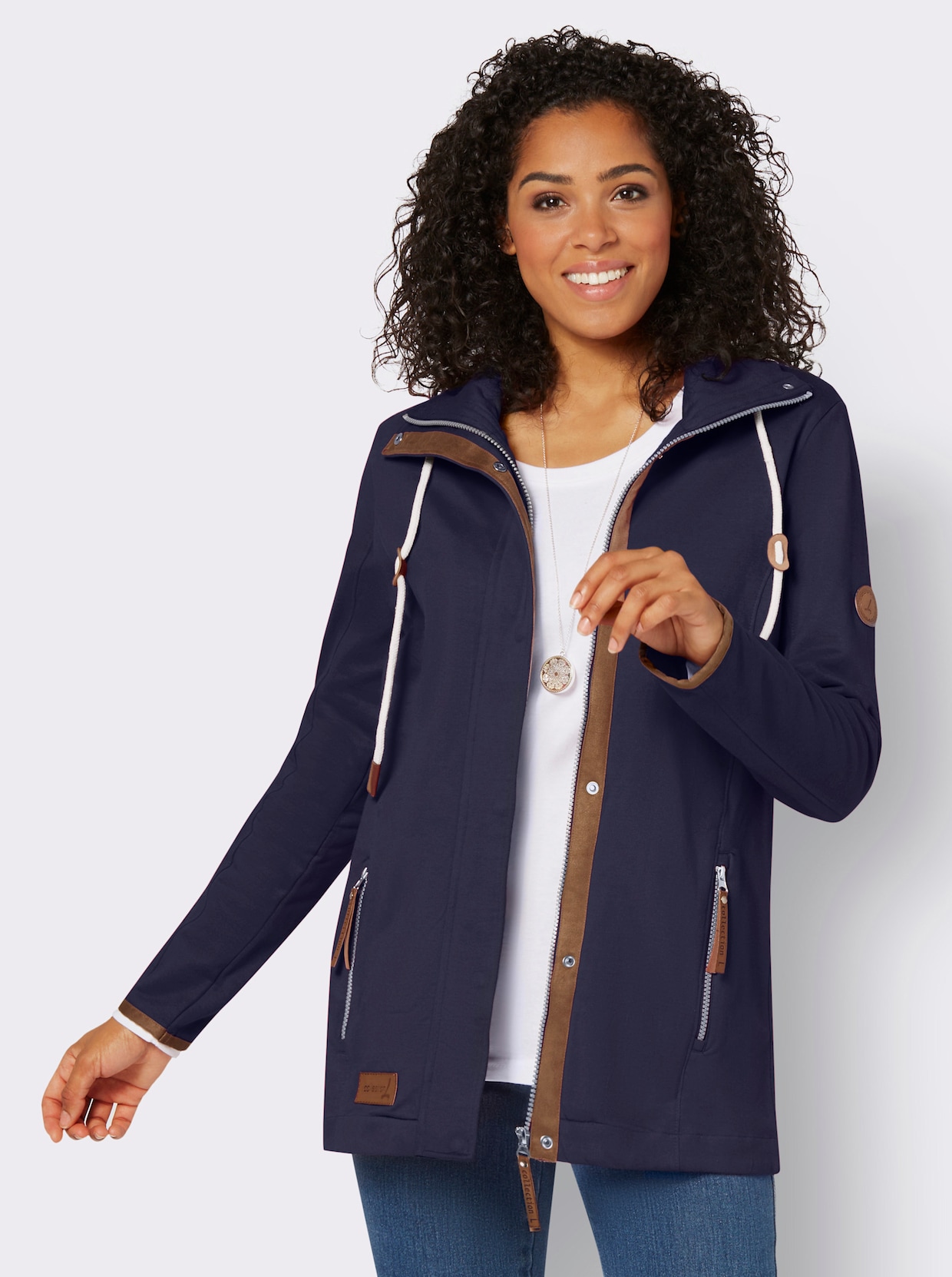 Sweatjacke mit Paspeln aus Leder-Imitat - marine