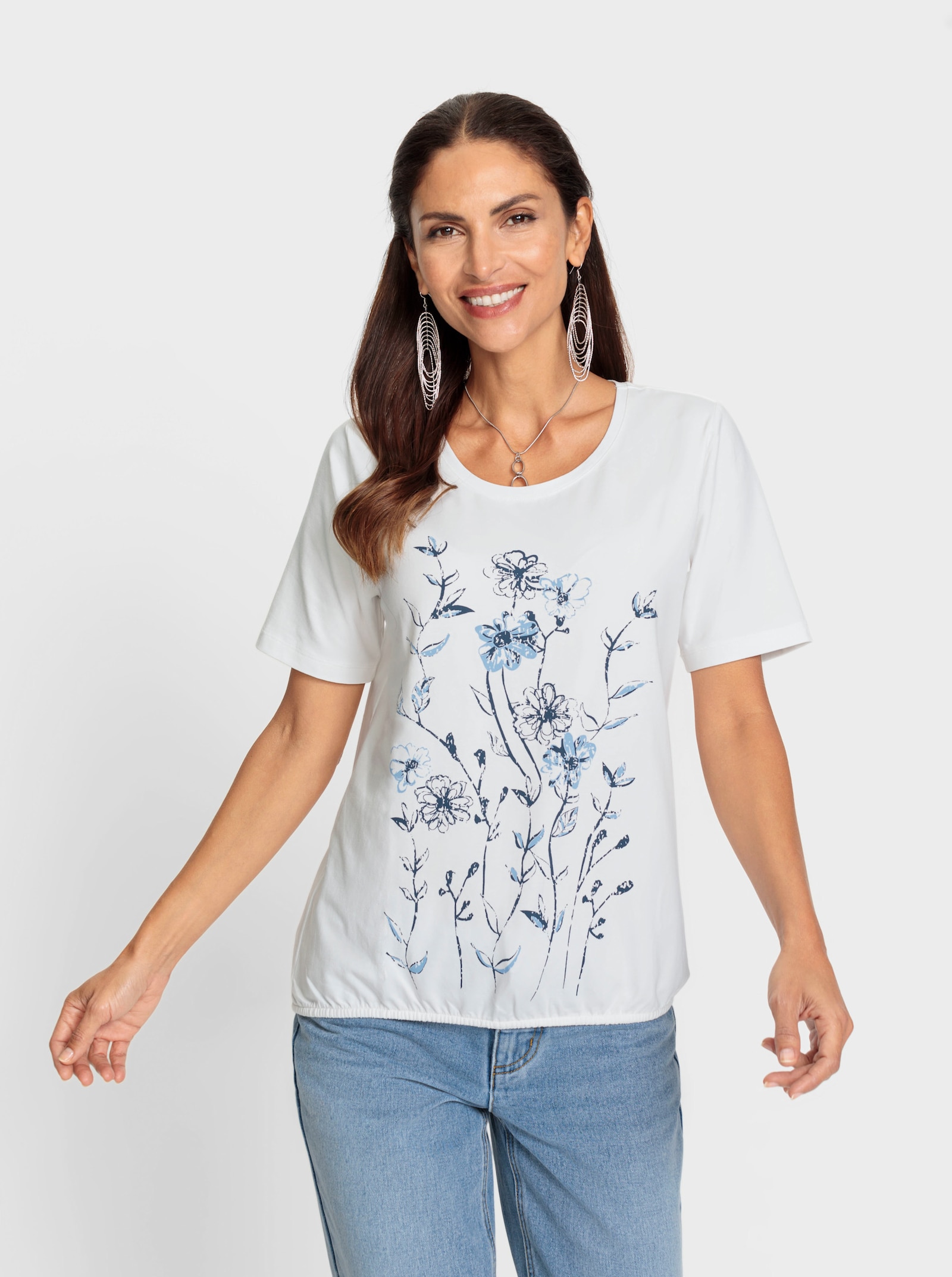 Print-Shirt mit Gummizug am Saum - weiß-bedruckt