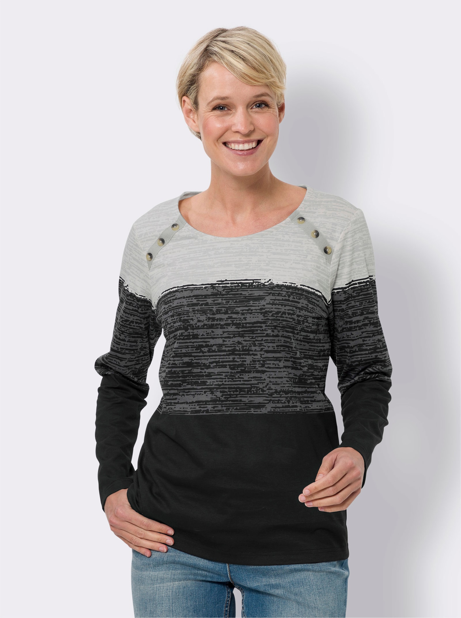 Långärmad topp med dekorknappar - ljusgrå-svart-med tryck