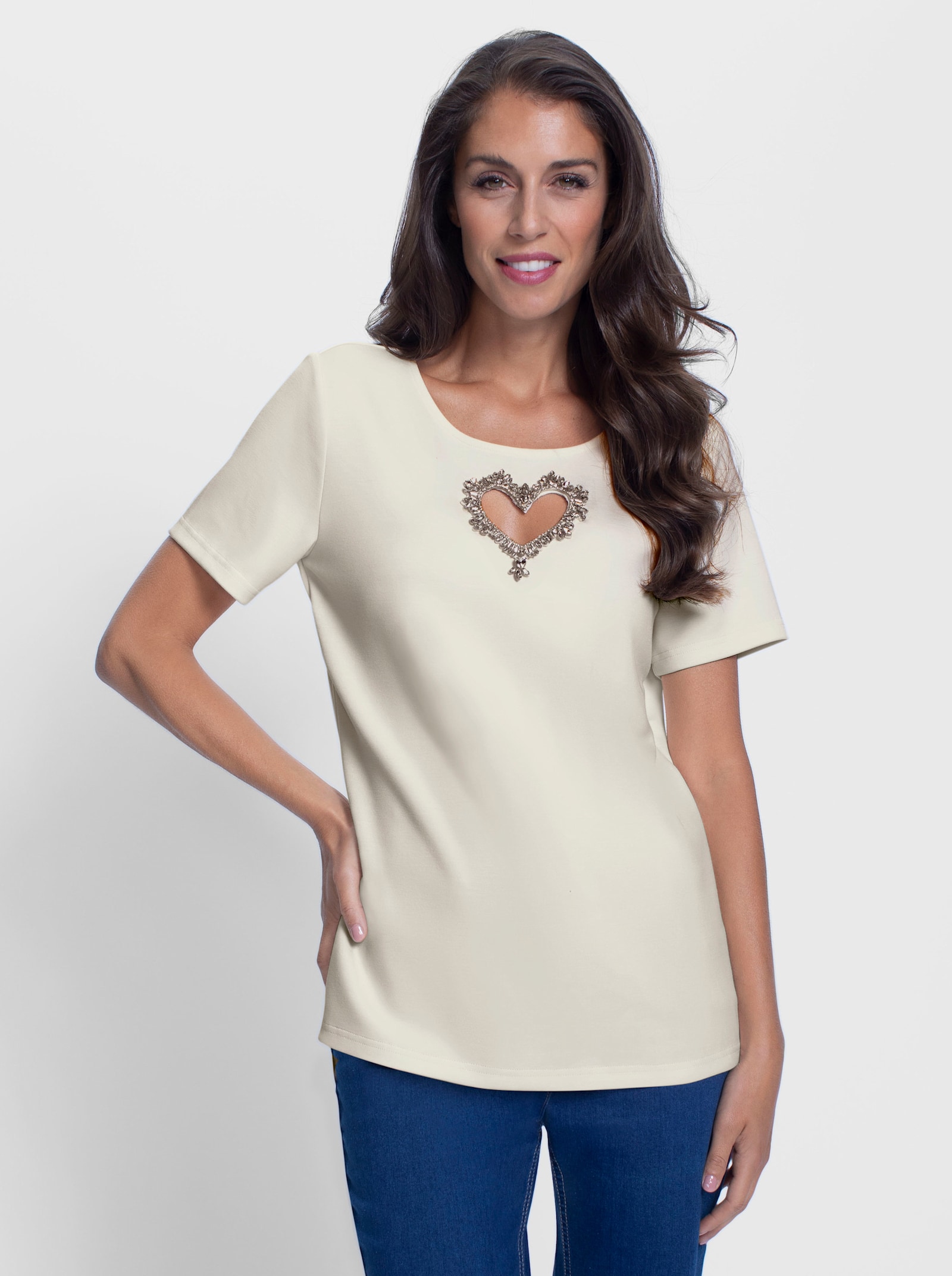 heine T-Shirt mit Cut-out und Glitzersteinen - champagner