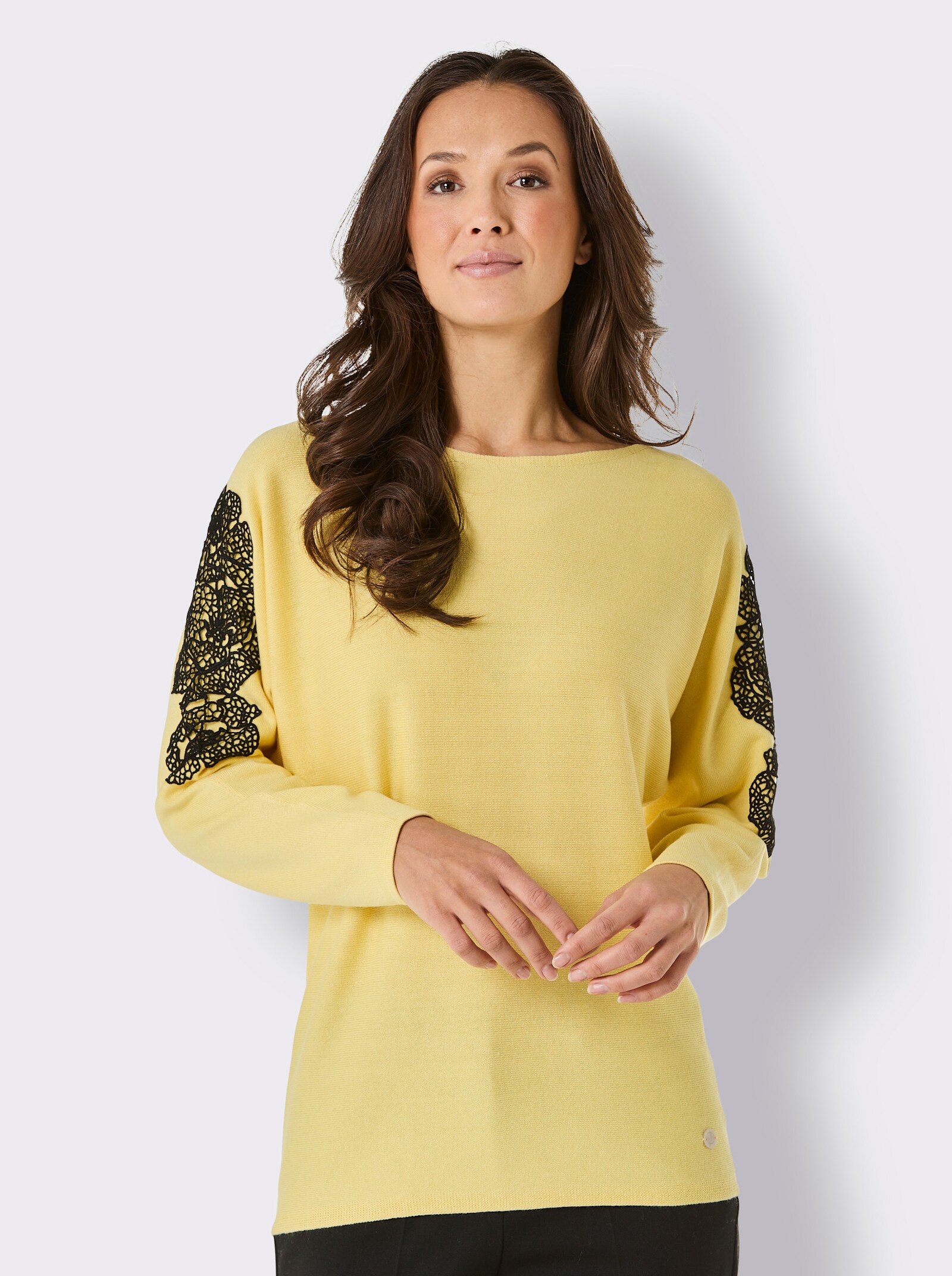 CREATION L PREMIUM 3/4 Arm-Pullover im Seide-Kaschmir-Mix - zitrone-schwarz