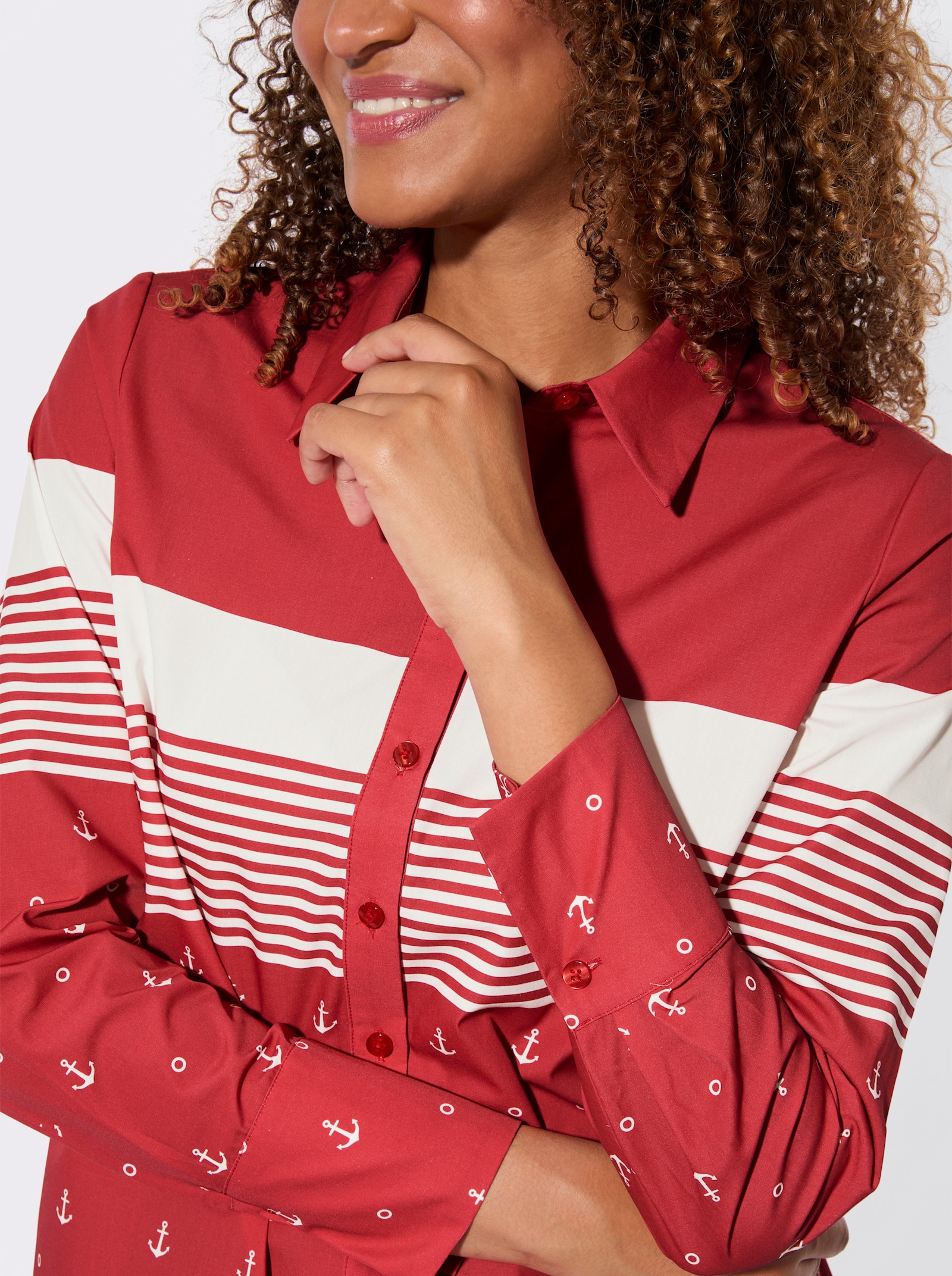 Langarm-Bluse mit Hemdkragen - erdbeere-weiß-gestreift