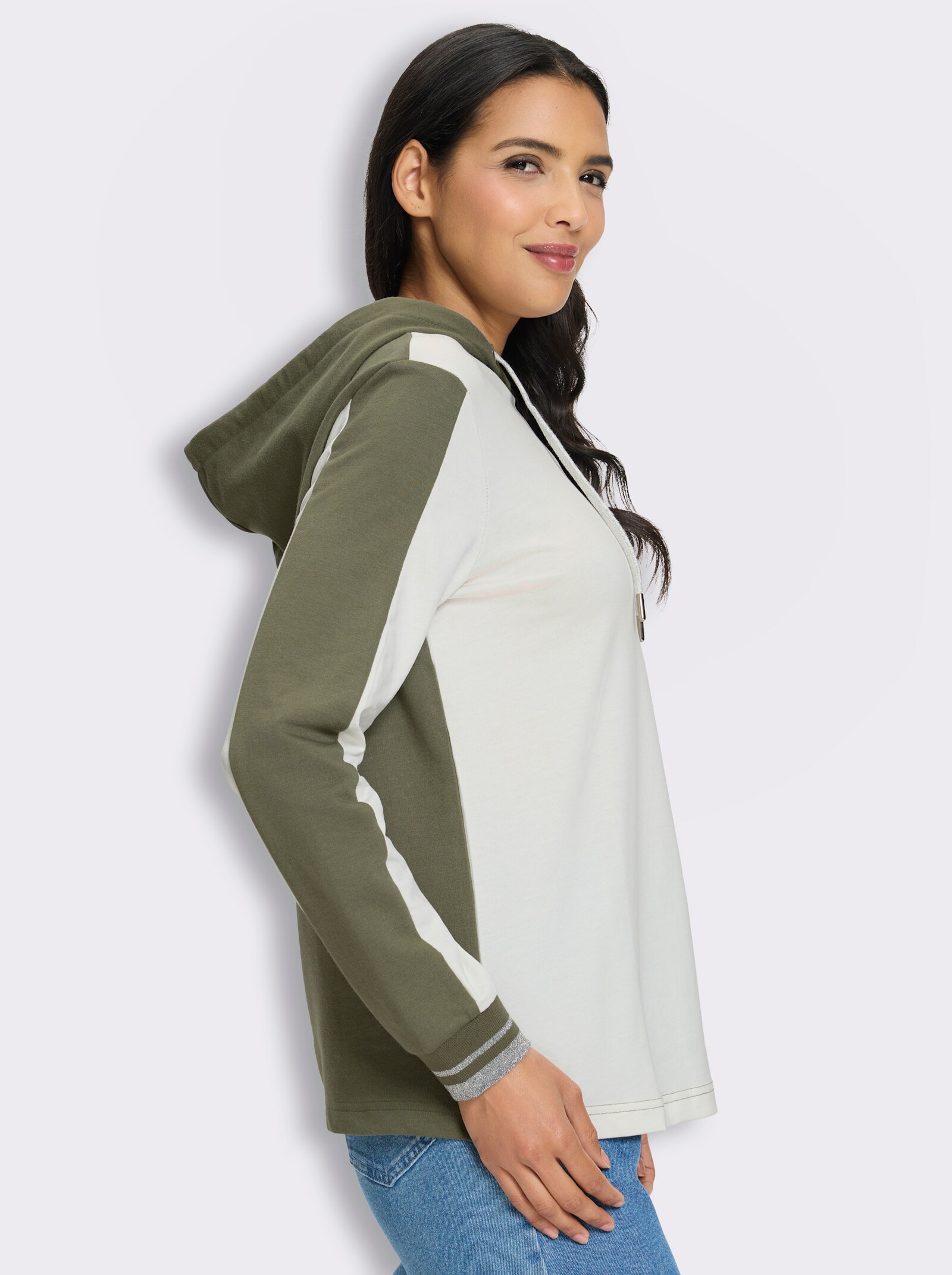 Kapuzensweatshirt mit Glitzer-Akzenten - khaki-ecru