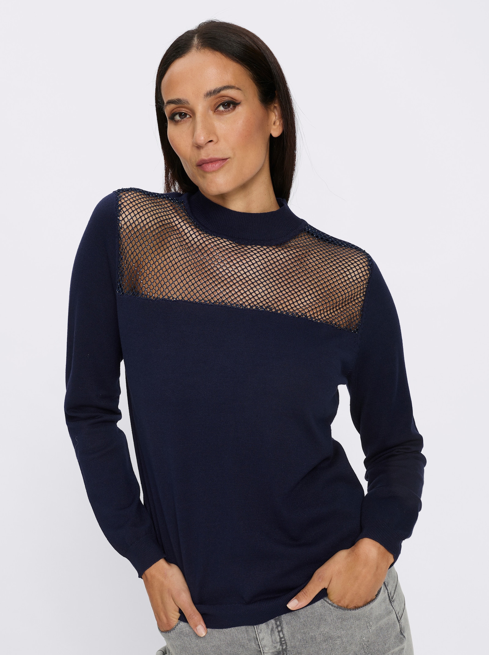 heine Pullover met lange mouwen en netinzet - marine