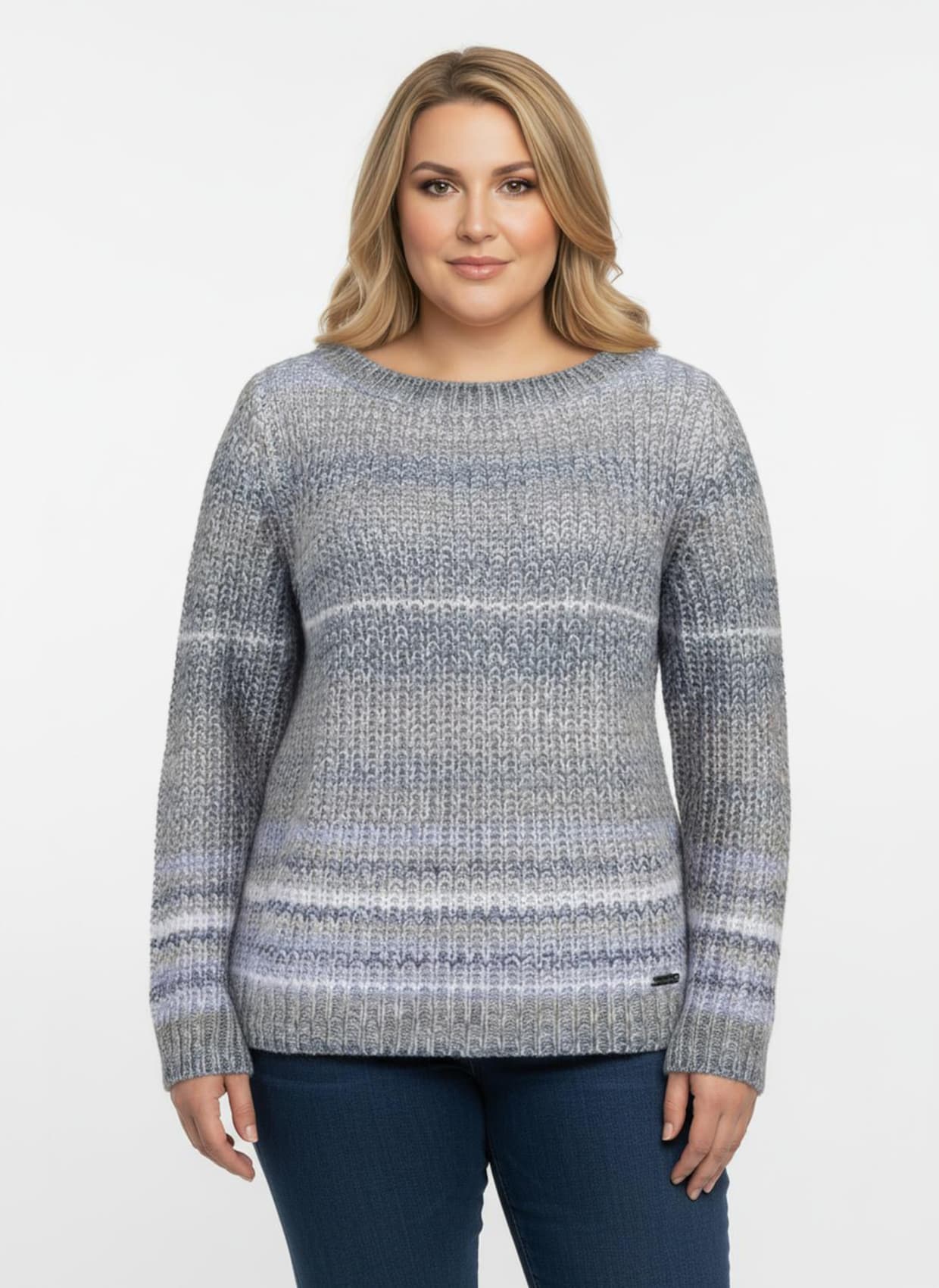 Langarm-Pullover im Grobstrick - taupe-jeansblau-gestreift